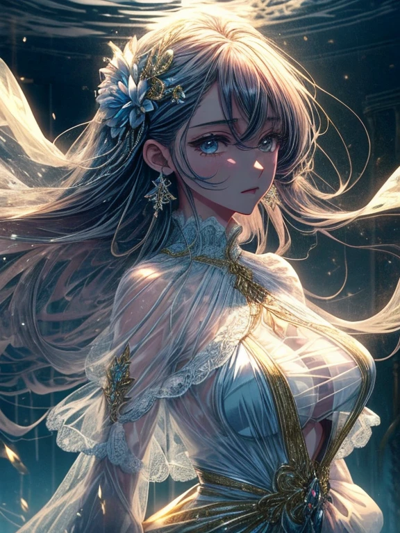 One girl, Solo, (((trapped in big krystal)))(trapped in krystal:1.7),((add eye details)), ((add face details)), krystal, Star, shine, beautiful night sky on background, Moon, Stars on background,Diamonds、たくさんのkrystalが付いたドレス, fantasy dress, A magical dress with a transparent chest, krystal製シースルー, lady with glowing flowers dress, intricate fantasy sheer dress, See-through rainbow color, translucent intricate gown, Translucent intricate costume design, translucent  dress, a stunning young ethereal figure, jeweled opal statue, fantasy transparent costume, Made of dried flowers、Glasswork、glass slipper with gold and white flowers, 気まぐれIntricate details, intricate and Elegant, beautiful detailed Elegant, Fairytale style, ultra Intricate details, Elegant. Highly detailed, complex and beautiful, golden Intricate details, Cinderella, side view Intricate details, Complex gold elements, Intricate details, Complex and detailed, super complex details、There is a sofa and table in a room with blue curtains, anime aesthetic, Anime Background, dreamy and detailed, anime beautiful peace scene, Anime Background art, beautiful anime scene, very magical and dreamy, blue and white tones, Relaxing environment, Ethereal dreamy theme, dreamy aesthetic, Anime that won the Aesthetic Award, relaxing concept art, blue themed, quiet and serene atmosphere、A charming, Sheer,The nipple is visible、large boob、sexy-S 100, seductive lingerie camisole、a close up of a woman's underwear with a Bra and panties, bright blue shiny lingerie, lingerie, lingeries beauty, Sheer underwear, laced lingerie, lingerie!!, Bra, wearing sexy lingerie, Bralette, captivating and enticing, harnesses and garters, lingeries, so sexy、Full-body image、The whole body is visible、frombelow、underfoot、Foot first、From head to toe、Toostock、lying back on