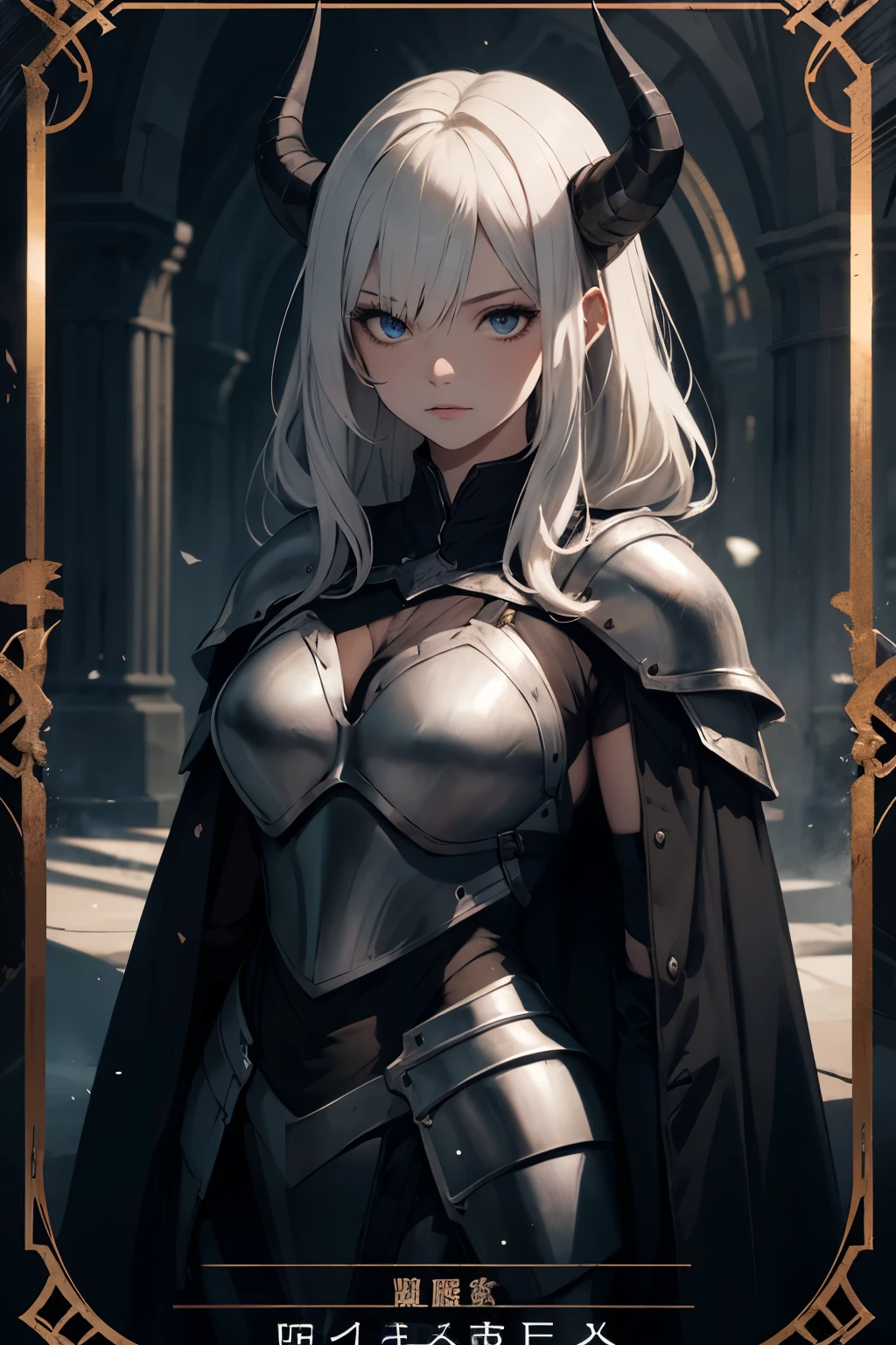 white longhair、Female Knight in Armor、quiet and dark personality、two horns、Medieval fantasy、gloomy eyes、black eyes、Heavy equipment、Tarot Cards