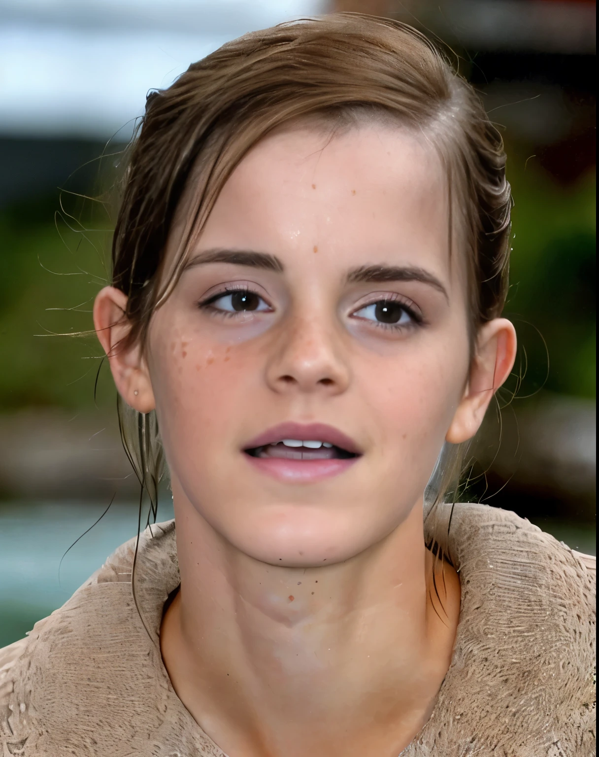 Photo of Emma Watson hot face, close up photo , wet hair , slight smile, freckles face (seductive  celebrity, gorgeous actress, sexy) (hyper photorealistic, insanely detailed skin texture,freckles)