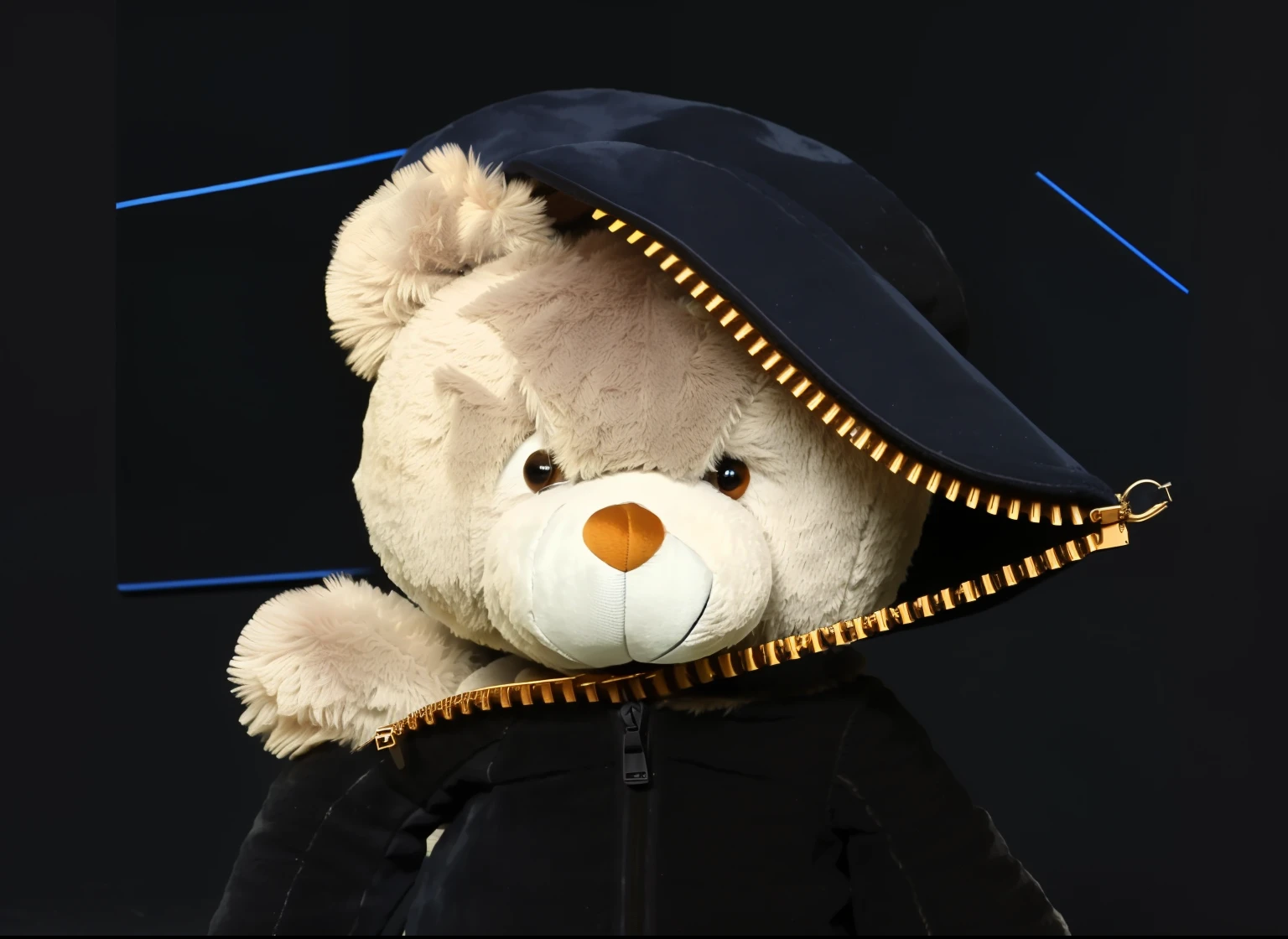 there is a toy bear that is sitting in a zipper, toy bear, plushies, teddy fresh, the toy bear is holding a gun, laying toy bear, hide藏, wallpaper - 1 0 2 4, half bear, plushies, author：Masa Nakayama, Soft mood, high-quality wallpaper, Cute and cuddly, hide, Plush one,zippers，一只熊打开zippers