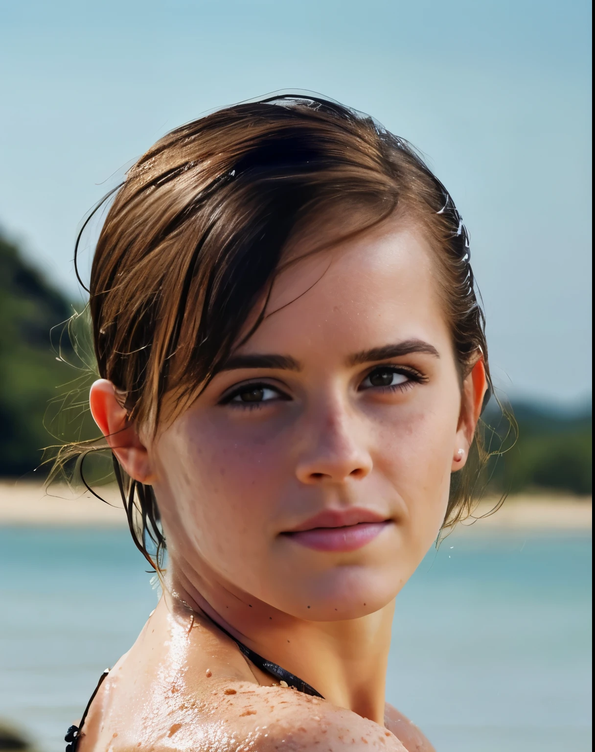 Photo of Emma Watson hot face, close up photo , wet hair , slight smile, freckles face (seductive celebrity, gorgeous actress, sexy) (hyper photorealistic, insanely detailed skin texture,freckles)
