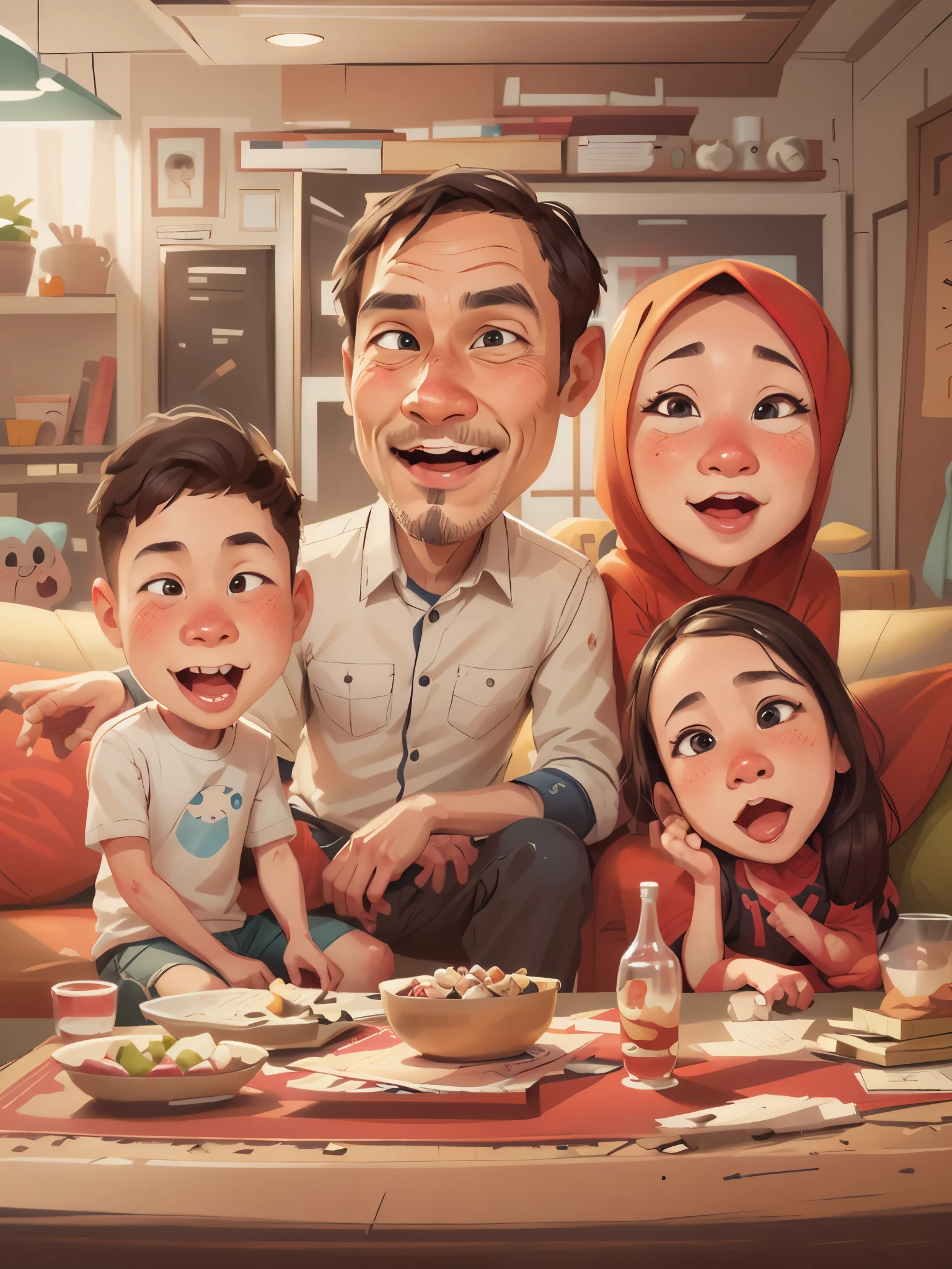there are three people sitting on a couch with a child, an indonesian family portrait, potrait, realistic portrait photo, Everyone smiles, detailed portrait, cartoon digital painting, family portrait, happy family, realistic cartoon, in cartoon style, cartoon digital art, high quality portrait, digital art cartoon, realistic portrait, realism art, digital cartoon painting art, realism artstyle, caricature illustration
