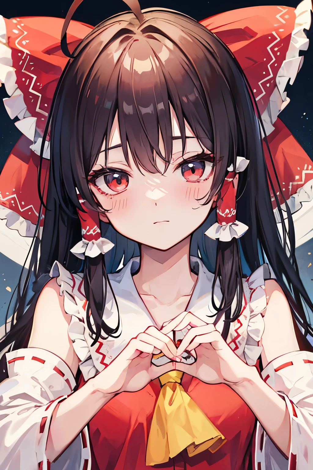 Hakurei Reimu,Touhou project, korean love sign, blush, ahoge