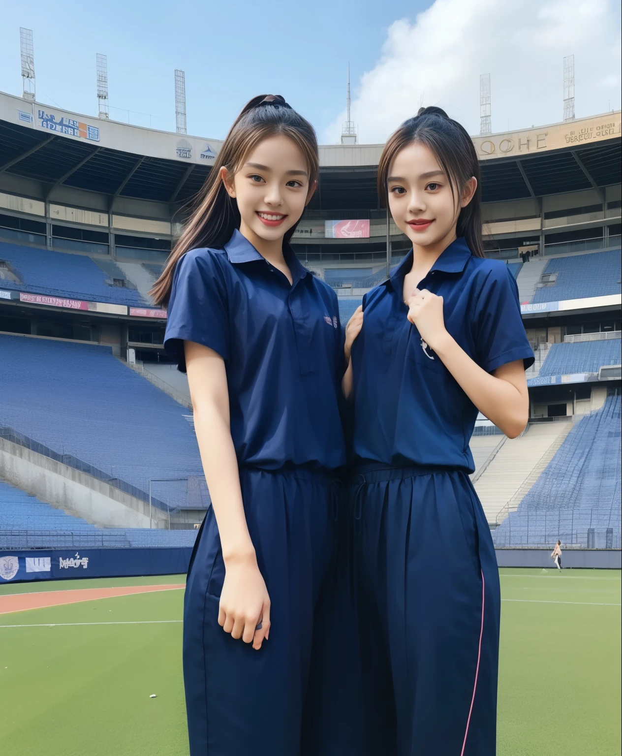 (bestquality,10,10,highres,masterpiece:1.2),ultra-detail,(Realistic,ภาพRealistic,photo-realistic:1.37),1 Cute girl in the football field,oily shiny skin,bara,light smile,BDclothelue shirt:1.3)),short sleeves,shirt, trousers.,(navy_long_ติดตามtrousers:1.1), ((Stadium Background:1.3)),dynamic angle,excited,face focus,Dynamic Poses,from behide,Ass Focus,masterpiece, bestquality, ultra realistic, hyper-detail, 8k resolution, RAW photo, crisp focus, ((Navy blue shirt:1.1)), short sleeves, เส้นทางlong, Complete bodyแบบ, 2 mature women, 18yo, cinematic light,trousersวอร์มสีน้ําเงิน,Gymware,Correct anatomy,Complete body, Correct body, sharp face, Correct bodyทางกายวิภาค, full entire body, Realistic gestures, long-haired, Realistic poses,Wear long shorts...........................................,ช่วงขาlong,Shapely,Sculpting Girl, Slender Figure, mannequin mannequins, Shapely, Beautiful body,trousersวอร์มสีน้ําเงิน, Two girls kissing