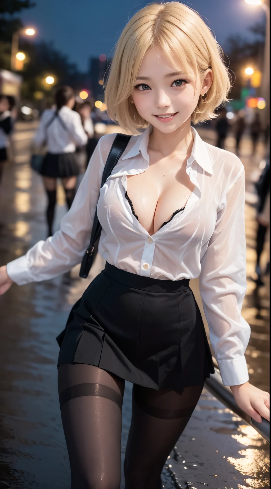 ((top-quality、masutepiece、hight resolution))、(Zoom photo from the front:1.75、Pose inviting a man、On the street at night、short-hair、Blonde hair、Small cleavage、Cute smile:1.45、Semen:1.3、a wet body:1.25)、hi-school girl、kawaii faces、(((high-school uniform、shirt、Black tights、skirt by the)))