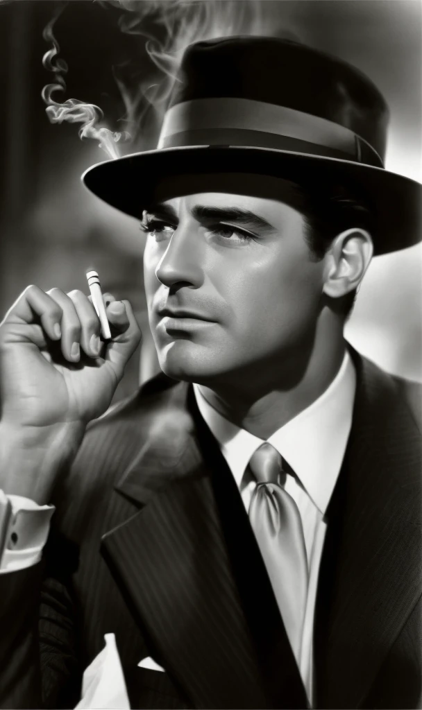 arafed man in a suit and hat smoking a cigarette, noir film, film noir, noir detective and a fedora, noir film still, noir movie scene, vintage noir, a suited man in a hat, inspired by George Bogart, handsome man, 1 9 4 0 s film noir, by Yousuf Karsh, actor, gritty film noir, tipping his fedora