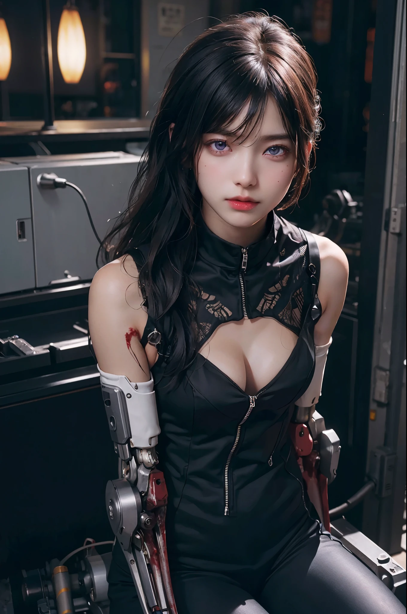 Top Quality, Masterpiece, Ultra High Resolution, (Photorealistic: 1.4), Raw Photo, 1 Girl, Black Hair, Glossy Skin, 1 Mechanical Girl, (Ultra Realistic Detail)), Portrait, Global Illumination, Shadows, Octane Rendering, 8K, Ultra Sharp, Big, Cleavage Exposed Raw Skin, Metal, Intricate Ornament Details, Japan Details, Very intricate details, realistic light, CGSoation trend, purple eyes, glowing eyes, facing the camera, neon details, mechanical limbs, blood vessels connected to the tube, mechanical vertebrae attached to the back, mechanical cervical attachment to the neck, sitting, wires and cables connecting to the head, gundam, small LED lamps,