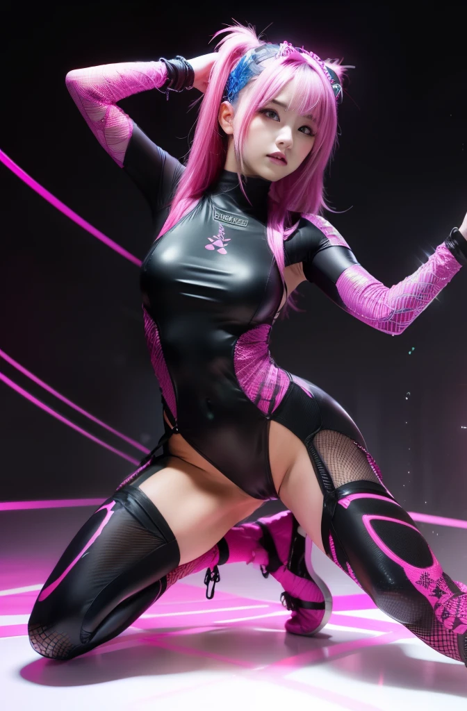 cyberpunk female idol ninja、full body Esbian、ninja style bodysuit、fluorescent pink spider web