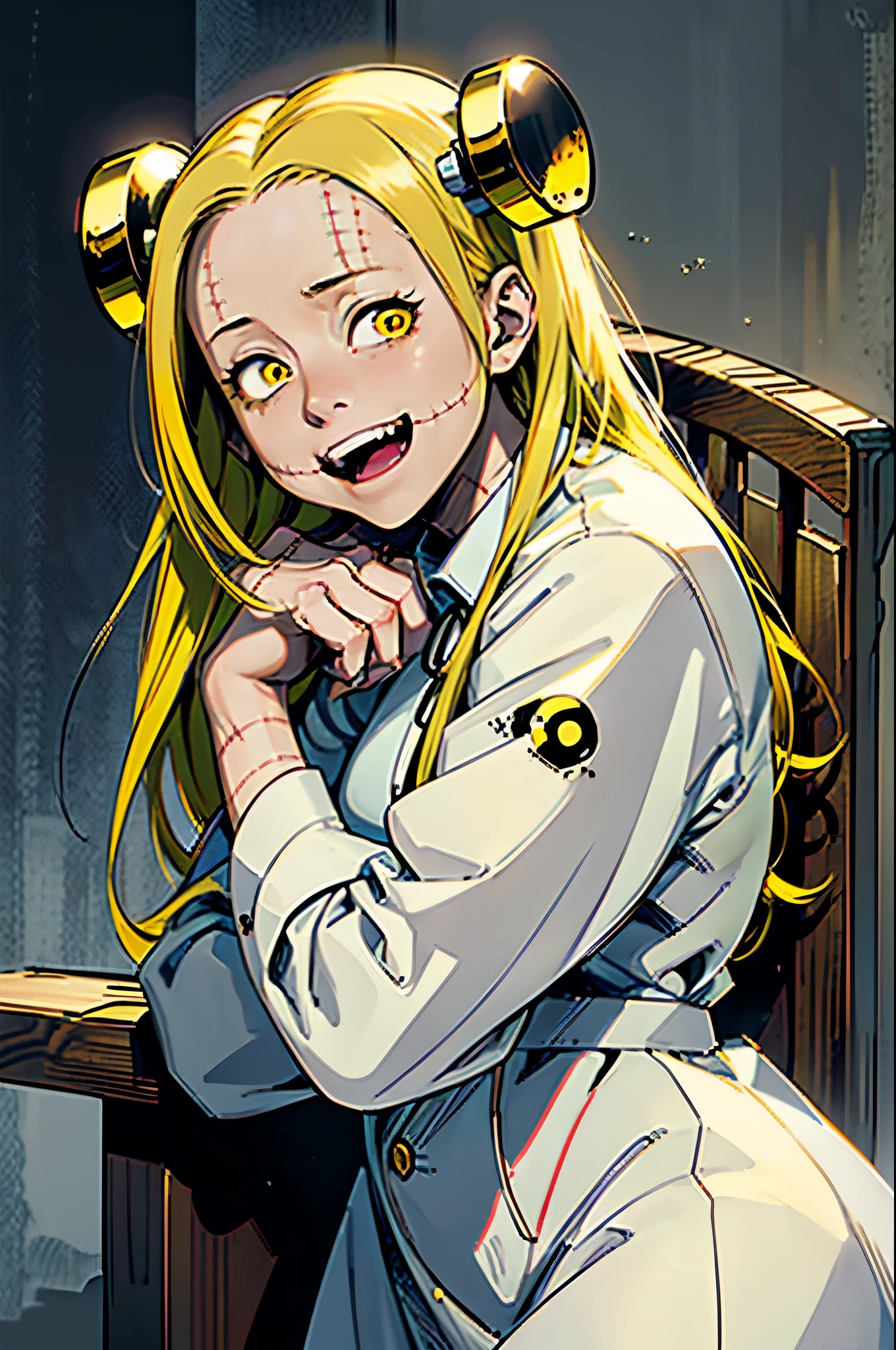 Madaraki_Fran,A  girl ,(((Laughs a lot))),Happy,the madhatter ,surgeon ,Clean hands, hairlong , yellow hair,seams , Scars on the body , A creepy look , An intimidating look , creepy smile , bags under eyes, ((((Tired)))),Gesugao&#39;s face