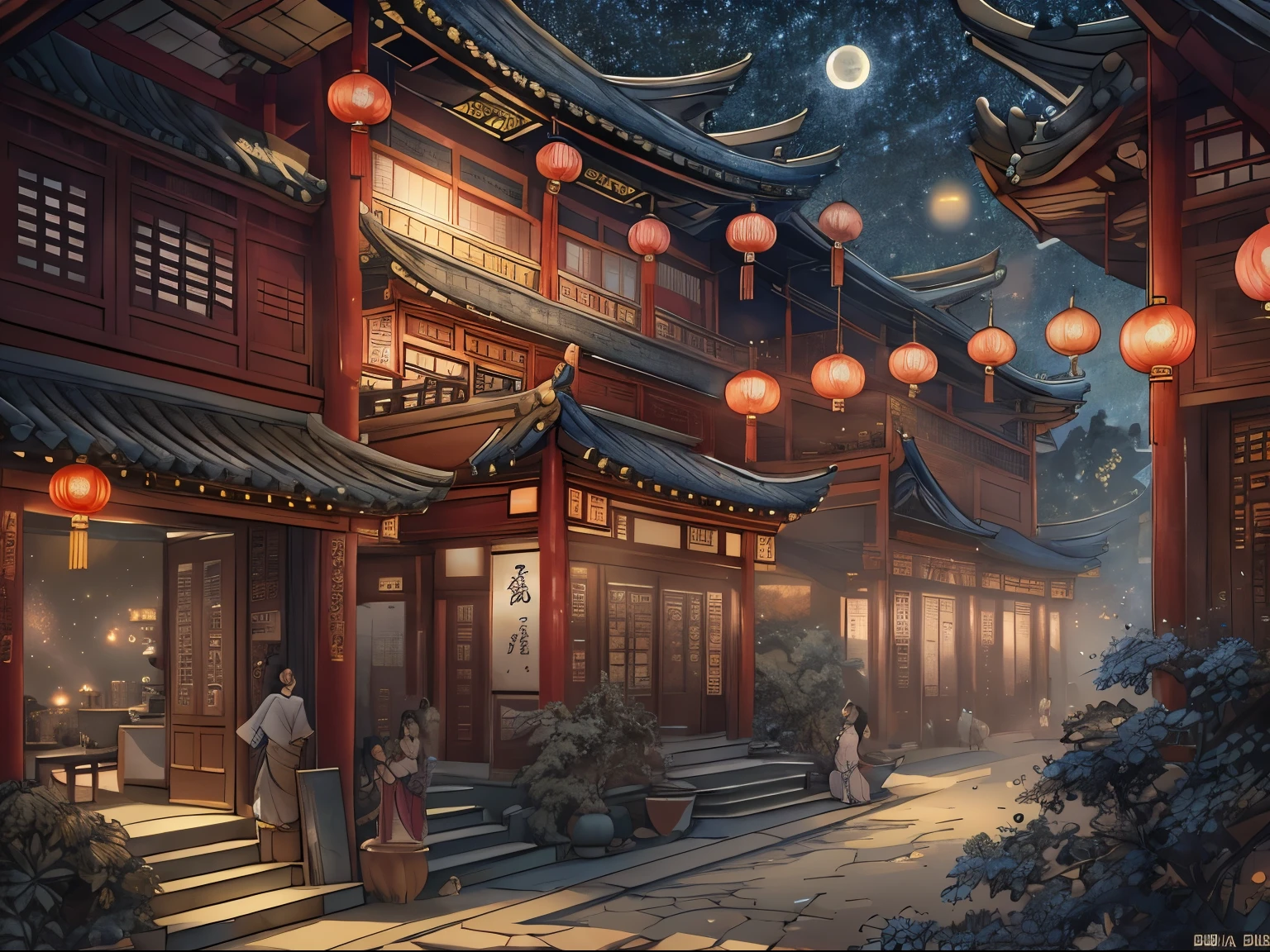 (Antique interior design), Manhwa Style，Chinese street scene, night view starry sky moon，Asian architecture，crowd of，Ancient Chinese Ming Dynasty style, Fairy-tale atmosphere，The painting style is delicate and soft, movie light effect, high-definition picture quality, , dingdall effect, rich details​, Refer to Gu Kaizhi, 32K, high qulity, A high resolution, (Very detailed CG unified 8k wallpaper)