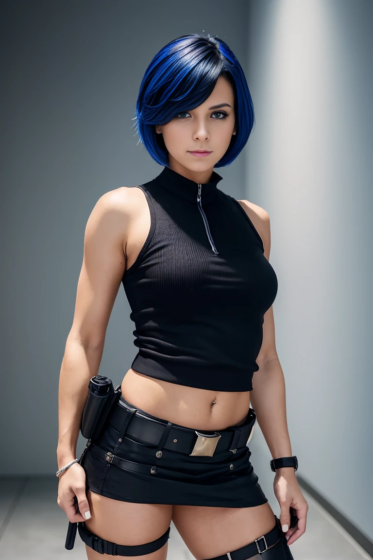 30 year old woman with short indigo hair dressed in a skimpy sleeveless black police officer uniform with skirt, wearing a pistol on her belt. Blue eyes with eye liner. Neutral background