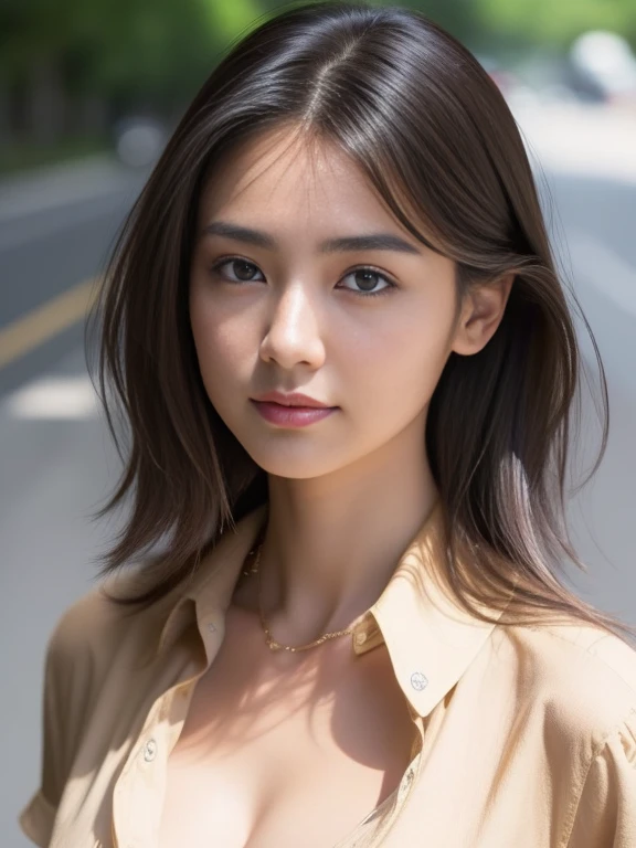 (1 woman:1.1)、beautfull Japanease woman、((best qualtiy, 8K, tmasterpiece:1.3))、((realisitic:1.5))、((sense of reality:1.5))、Perfect litthing、Perfect figure beautiful woman:1.4、((Layered Hair Style、ample breasts:1.2))、(Long light beige shirt:1.2)、(Street:1.2)、Highly detailed facial and skin texture、glowy skin、A detailed eye、二重まぶた、(The front of the shirt is open:1.1)、(breast cleavage exposed:1.1)、(small and beatiful :1.3)、see the beholder、Upshot