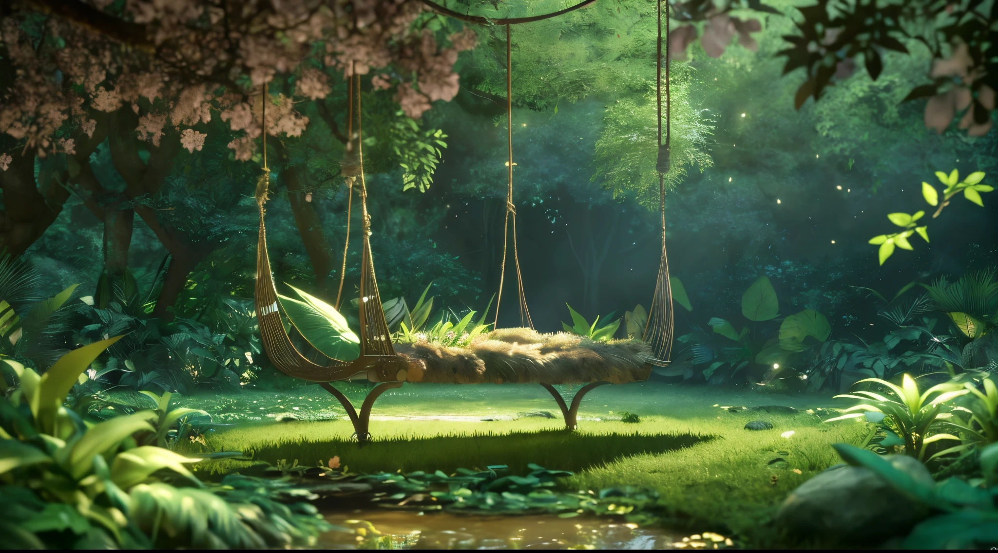 Masterpiece, best quality, (very detailed CG unity 8k wallpaper), (best quality), (best illustration), (best shadows), glow sprite, natural elements in the forest theme. Mysterious forest, breath taking pools, beautiful forest, nature, surrounded by flowers, very detail little fairy girl on a swing alone, smile, detail face, detail nose, detail eyes, detail ears, detail mouth, delicate leaves and branches surrounded by fireflies (natural elements), (jungle theme), (leaves), (twigireflies), (particle effects) etc. 3D , Octane rendering, ray tracing, super detailed