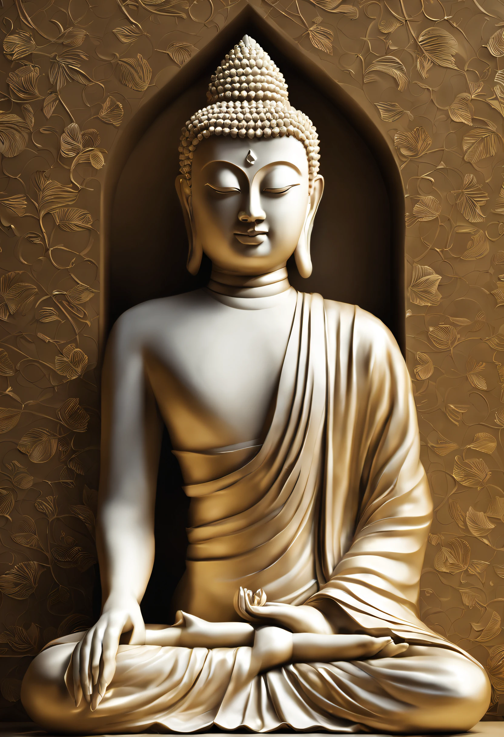 4d 64k UHD image that captures the essence of tranquility and elegance. Picture a wall as ultrasmooth
and ultrasoft as a sheet of paper, bathed in a serene shade of supersoft pure light silver. Emerging from this calming
backdrop is the white silhouette of a Little Buddha, eyes gently closed in a state of peaceful meditation. In the foreground,
there's a delicate Thai lotus punk,and a group of delicate large and leaves with heart-shaped on background,
creative blend smoothly. The lines defining this silhouette are ultra-delicate,from abstract line work,
adding to the overall grace of the image. creatively minimalist aesthetic, the perfect interplay of light and shadow,
he subject brightly illuminated, soft phosphorescent glow, and a dynamic pose. The entire composition is steeped
in a monochromatic gold soft bright, vibrant and blissfull, devoid of any harsh shadows, a masterpiece of conceptual art,
hyperrealistic, perfect light