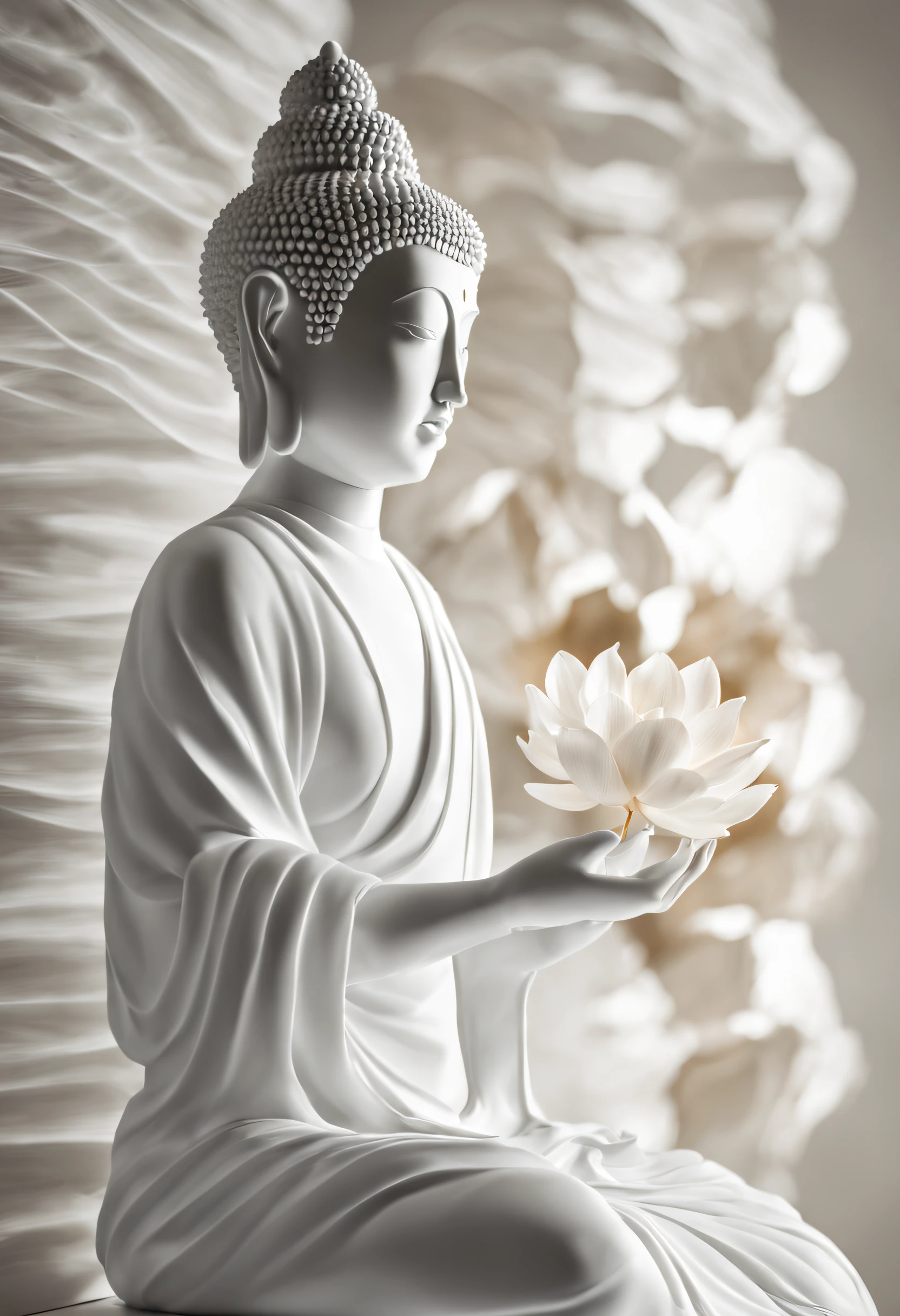 Craft an 4d 64k UHD image that captures the essence of tranquility and elegance. Picture a wall as ultrasmooth
and ultrasoft as a sheet of paper, bathed in a serene shade of supersoft pure light silver. Emerging from this calming
backdrop is the white silhouette of a Buddha, eyes gently closed in a state of peaceful meditation. In the foreground,
there's a delicate Thai lotus punk,and a group of delicate large and long Thai bodhi leaves with heart-shaped on background,
creative blend smoothly. The lines defining this silhouette are ultra-delicate,from abstract line work,
adding to the overall grace of the image. creatively minimalist aesthetic, the perfect interplay of light and shadow,
he subject brightly illuminated, soft phosphorescent glow, and a dynamic pose. The entire composition is steeped
in a monochromatic super white,soft bright,vibrant and blissfull, devoid of any harsh shadows, a masterpiece of conceptual art,
hyperrealistic, perfect light