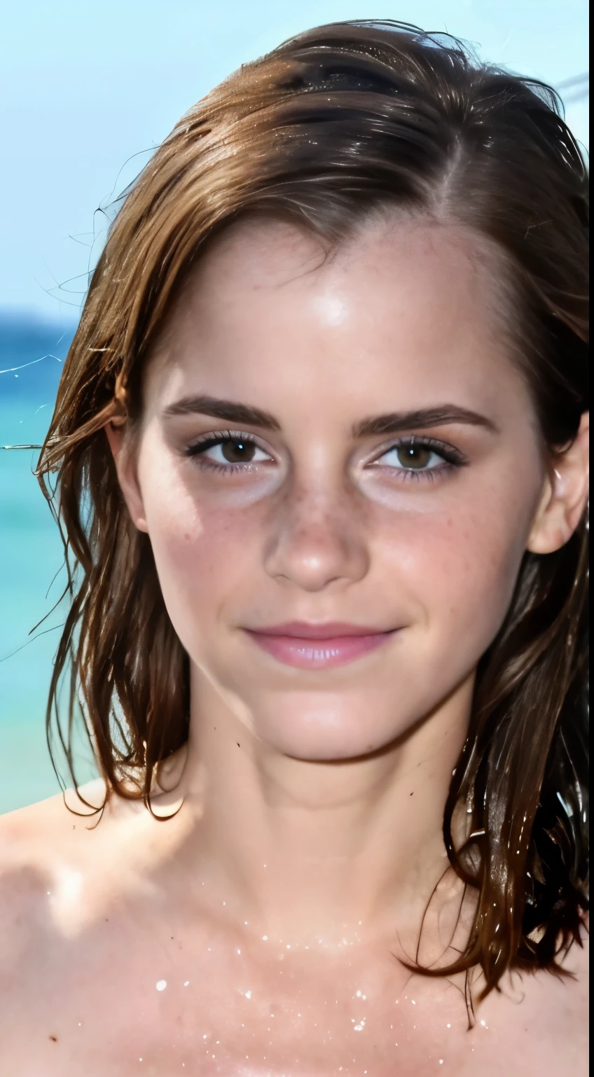 Photo of Emma Watson hot face, close up photo , wet hair , slight smile, freckles face (seductive  celebrity, gorgeous actress, sexy) (hyper photorealistic, insanely detailed skin texture,freckles)