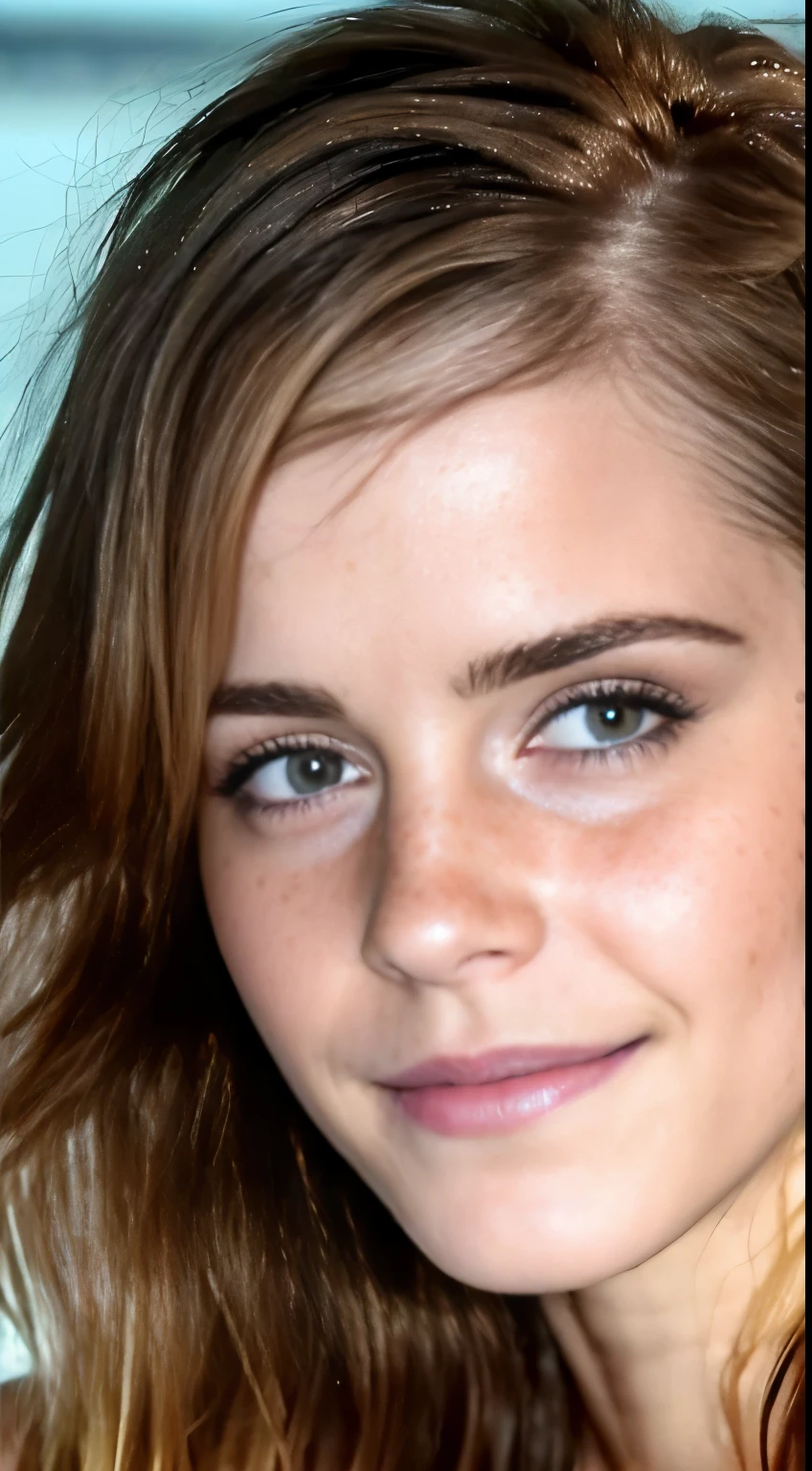 Photo of Emma Watson hot face, close up photo , wet hair , slight smile, freckles face (seductive celebrity, gorgeous actress, sexy) (hyper photorealistic, insanely detailed skin texture,freckles)