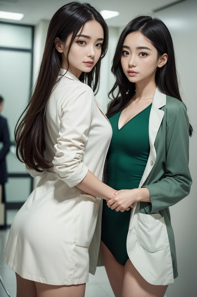 ((best qualtiy,realisticlying,8K HD,tmasterpiece:1.3)),focal:1.5,perfect bodies:1.3,(Short ponytail straight hair,Vertically smooth hair,A detailed:1.3)),((wetclothes:1.1),White premium brand fashion professional suit:1.3,(detailed outfits:1.3),(delicate stiletto heels crystal band sandals,high high quality:1.2)), Highly Detailed Face and Skin Textur, Fine Eye,二重まぶた,realistic pupil,skin lightening,Beautiful face,Swollen eyes,Healing is a smile,(female focus,Waist focus,close focus,hdr shot,20yr old,Raised breasts,no-bra,the areola is visible,With a petite figure,Slim:1.3,slenderlegs:1.3,beautiful night scene,Luxury office,floor to ceiling window,Long table,Double bed,Cocked buttocks:0.6,Playful and coquettish beautiful pose(full bodyesbian:1.8))