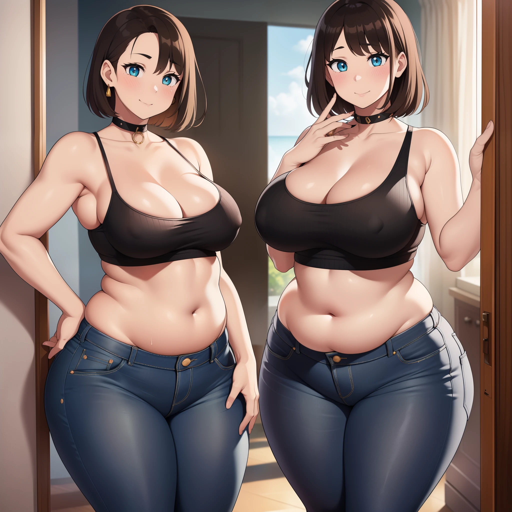((Masterpiece)), perfect anatomy, perfect shading, field of depth, (best quality), extremely delicate and beautiful, perfect lighting, detailed face, ultra cute face, cute, (cowboy shot 1.2), full body, (((2girls))), ((2 girls 1 and 2))
Girl 1: has long hair, fluffy hair, blonde hair, blue eyes, ((blush)), embarrassed, (crop top 1.2), (jean shorts 1.2), extremely tight clothes, medium breasts, cleavage, perky breasts, ((wide hips)), (thick thighs), ((chubby)), pudgy belly, fat rolls, belly hang,
Girl 2: has short hair, fluffy hair, brown hair, green eyes, ((blush)), seductive smile, (white tank top 1.2), (jeans 1.2), chocker, extremely tight clothes, medium breasts, cleavage, perky breasts, (((wide hips))), ((thick thigh)), big butt)), ((plump)), chubby belly, fat rolls, belly hang, she has a jiggly belly,
hotel room, standing at the door, intricate background, detailed background, girls are standing next to each other,