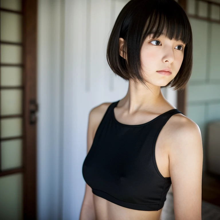 12-year-old woman,A dark-haired,Very Shorthair,reallistic,japanes,cute little,A slender,large boob,Ashamed
