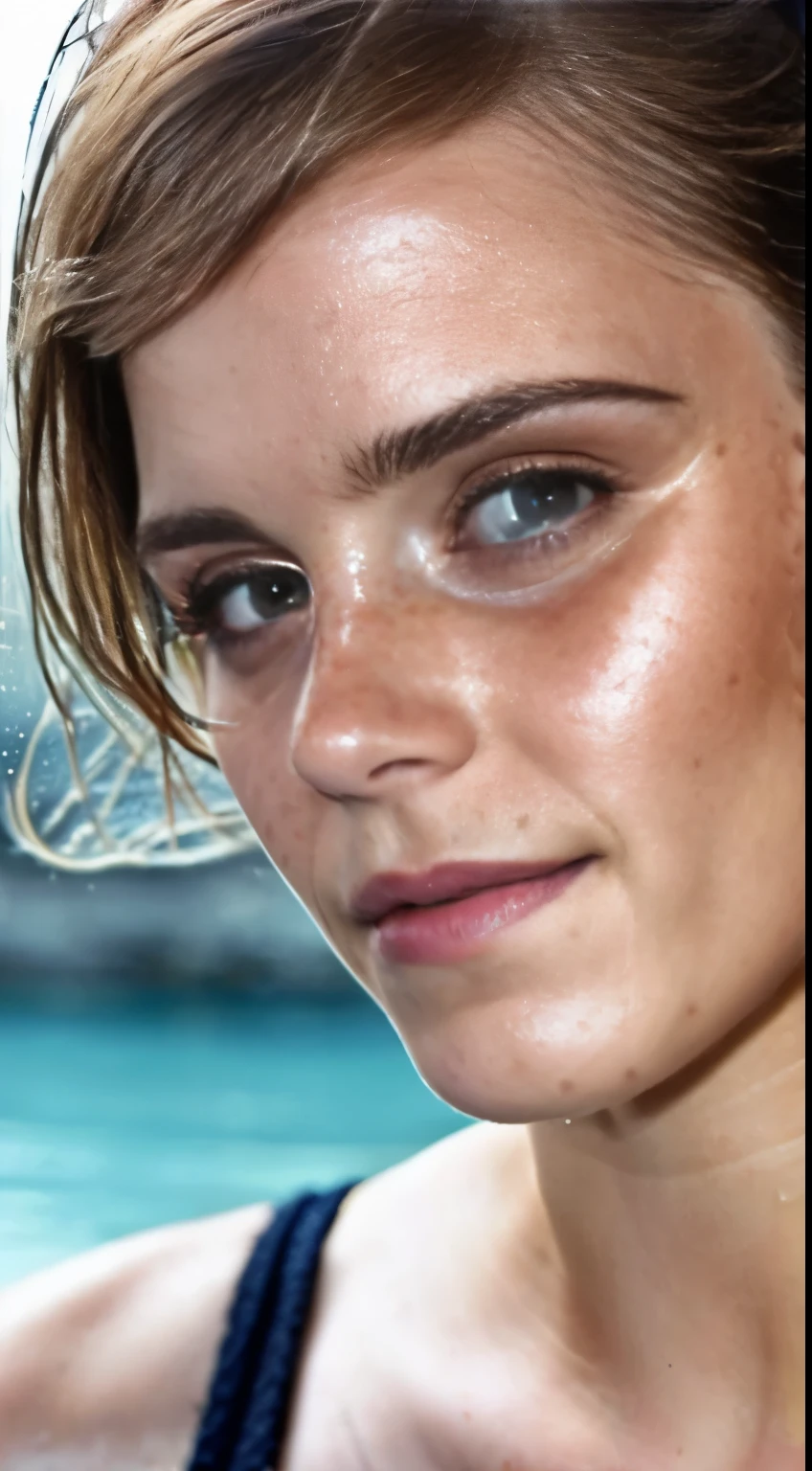 Photo of Emma Watson hot face, close up photo , wet hair , slight smile, freckles face, she is smoking, seductive expression, sexy , hot, hot face, warm skin tone (hyper photorealistic, insanely detailed skin texture,freckles)