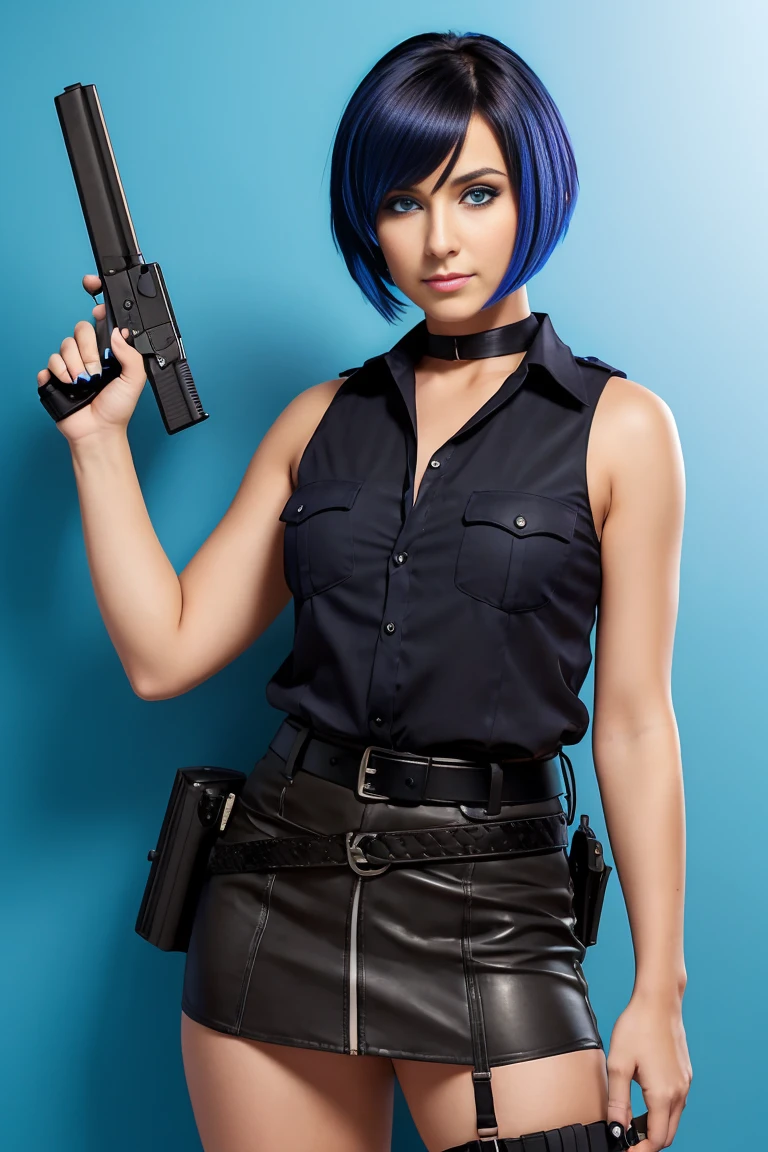 25 year old woman with short indigo hair dressed in a skimpy sleeveless black police officer blouse with miniskirt, wearing a pistol on her belt. Blue eyes with eye liner. Neutral background