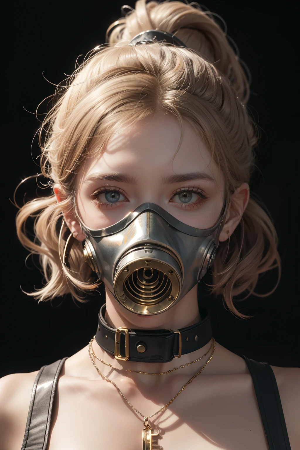 A striking and eerie portrait of Eminem, the legendary rapper, artist, and songwriter. In this surreal representation, he is adorned with a golden-redish gas mask, which contrasts starkly against his pale and gaunt face. His eyes, obscured by the gas mask's lenses, seem to peer out from beneath a furrowed brow. The gas mask hangs loosely around his neck, revealing his prominent Adam's apple and a small silver chain dangling between his collarbones., cinematic shot, dynamic lighting, 75mm, Technicolor, Panavision, cinemascope, sharp focus, fine details, 8k, HDR, realism, realistic, key visual, film still, superb cinematic color grading, depth of field, natural beauty