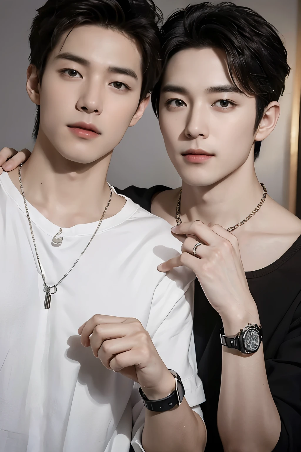 ((Best Quality, 8K, masterpiece: 1.3))、Cool Korean man, 120 year old man、Korean style hair、Strong face、Handsome nose、Detailed eyes and face、Beautiful lighting、(studio )、High Resolution、(visible to the viewer)、mouth detail、Thin Mouth、,Sorrisos、whole body: 1.5, perfect body figure: 1.picture of both shoulders:1.3, Wearing a White T-shirt and a casual Black suit: 1.5, Accessories: (men's necklaces, men's rings, men's watches)