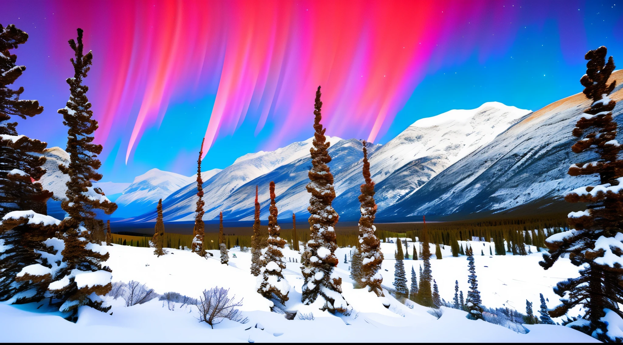 dance of  and fire，red northern lights，snow mountains.