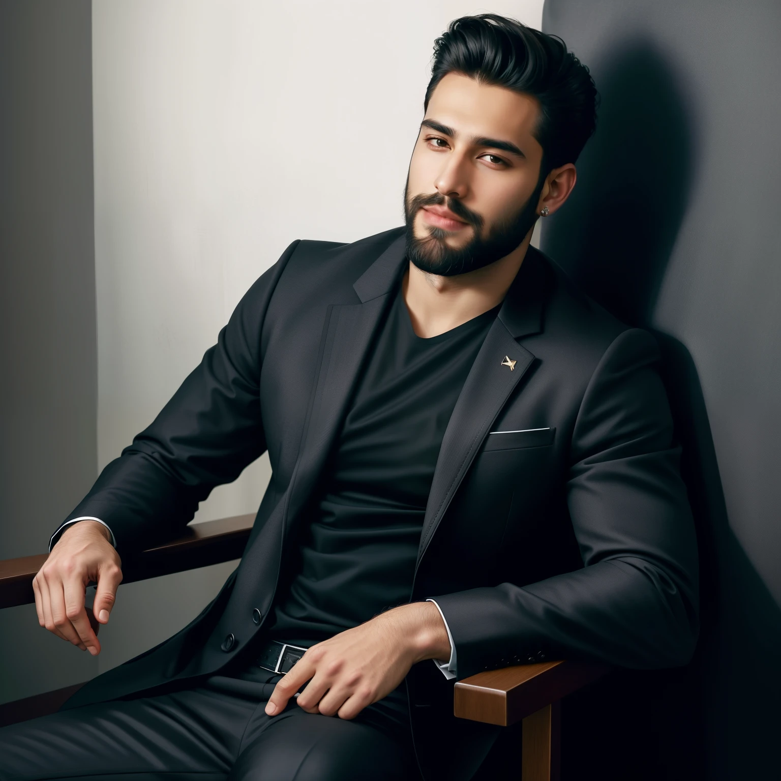 arafed man in a black suit sitting on a chair, very attractive man with beard, handsome and attractive, with a beard and a black jacket, handsome and elegant, handsome male, handsome man, well-groomed model, attractive man, with a beard and a black shirt, portrait of a handsome, handsome young man, very attractive and beautiful, wearing tight suit