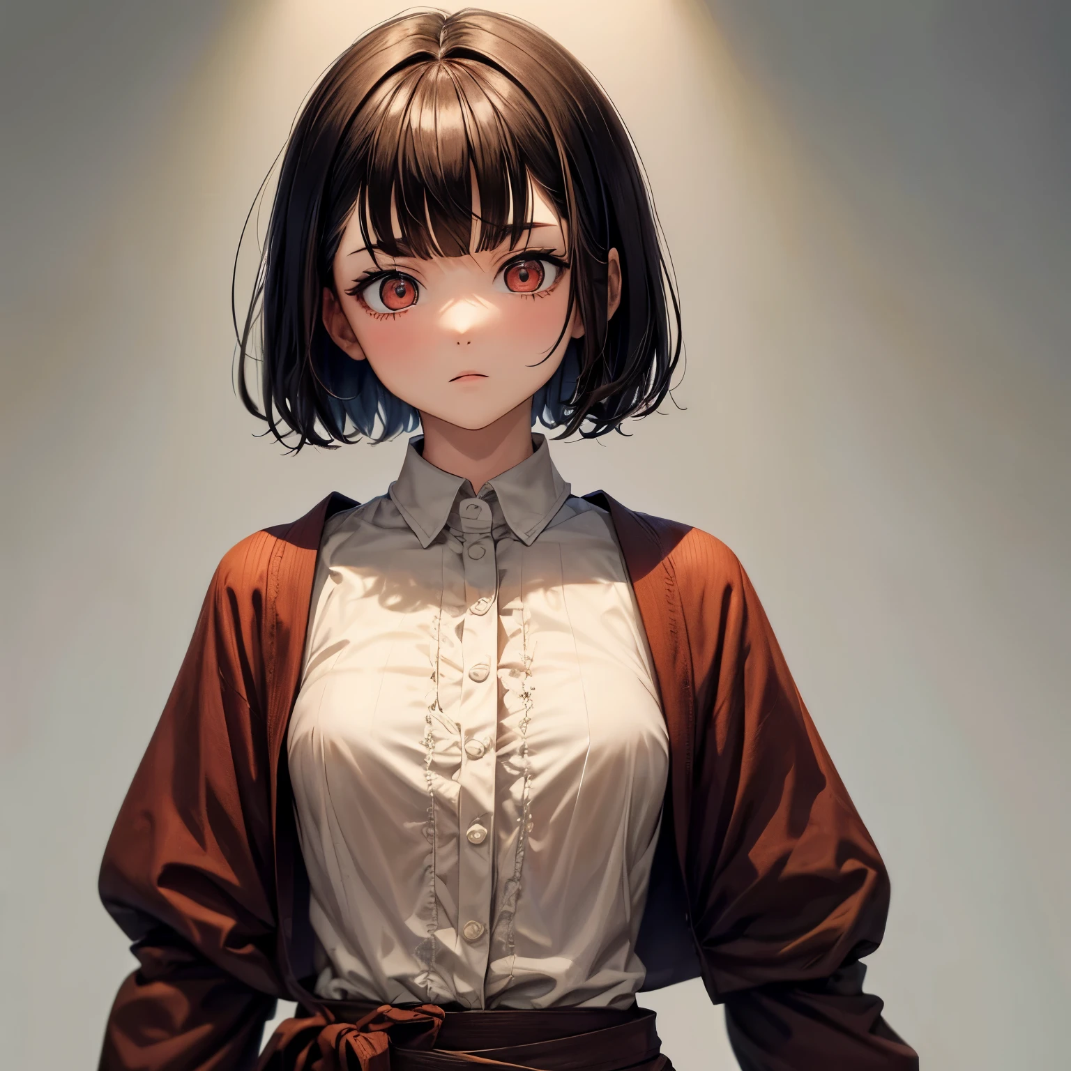 Wooden doll guy. human body. Eyes vertical. Eyebrows are thin. brunet. with short hair. Bangs on both sides. Hinges are visible. Unbuttoned shirt.