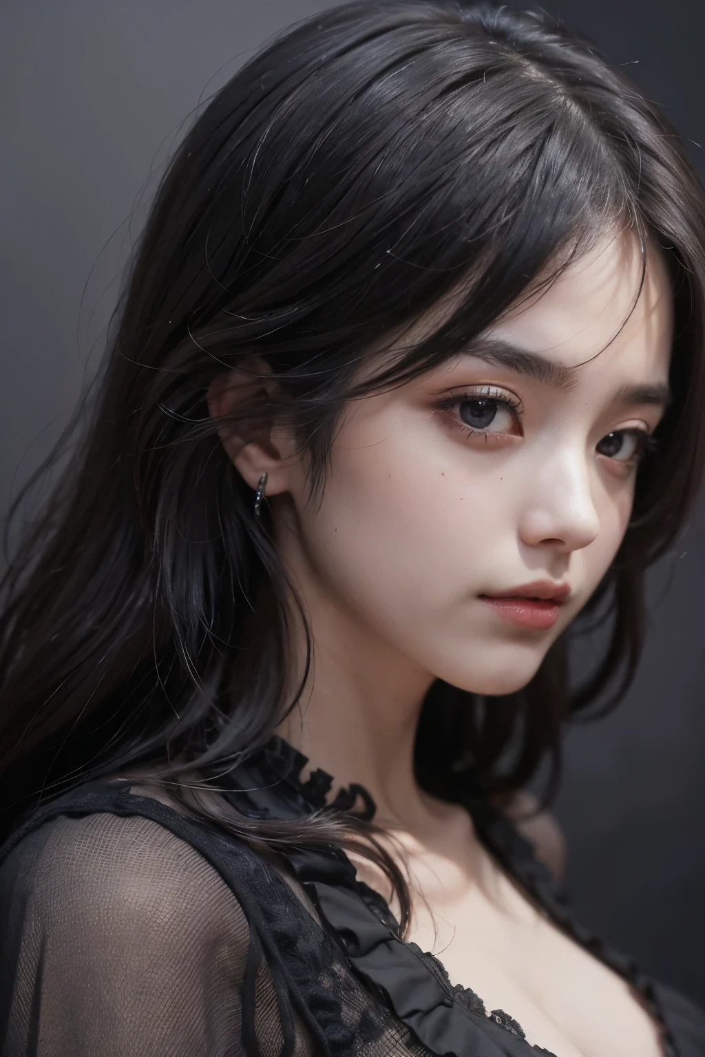 masterpiece, best quality, 35mm, 8k, absurdres, beautiful girl, (upper body, dark grey background:1.4), (black classical dress, black hair:1.6), slender, dark studio, rim lighting, ultra realistic, highres, photography, film grain, chromatic aberration, depth of field, sharp focus, HDR, facelight, dynamic lighting, cinematic lighting, professional shadow, dark shadow, highest detailed, extreme detailed, ultra detailed, finely detail, real skin, delicate facial features, detailed face and eyes, sharp pupils, realistic pupils,