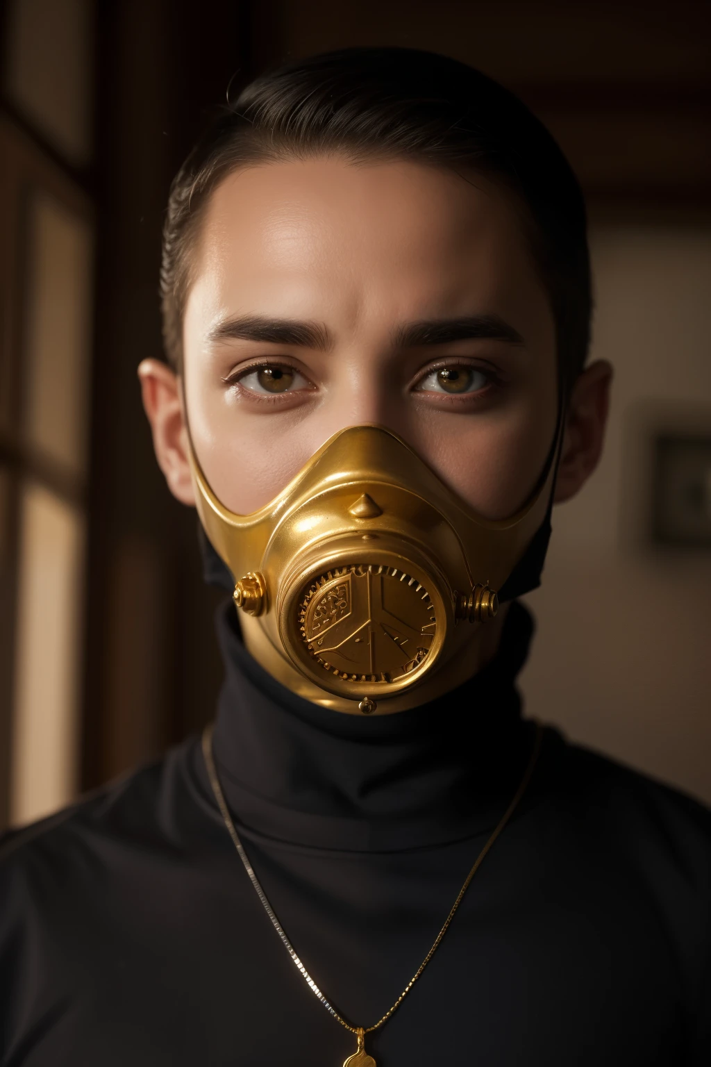 A striking and eerie portrait of Eminem, the legendary rapper, artist, and songwriter. In this surreal representation, he is adorned with a golden-redish gas mask, which contrasts starkly against his pale and gaunt face. His eyes, obscured by the gas mask's lenses, seem to peer out from beneath a furrowed brow. The gas mask hangs loosely around his neck, revealing his prominent Adam's apple and a small silver chain dangling between his collarbones., cinematic shot, dynamic lighting, 75mm, Technicolor, Panavision, cinemascope, sharp focus, fine details, 8k, HDR, realism, realistic, key visual, film still, superb cinematic color grading, depth of field, natural beauty