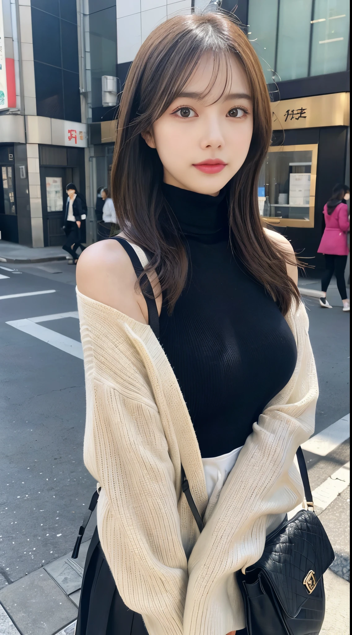(Colossal tits、Turtleneck knitwear、Shoulder bag)、(top-quality,masterpiece:1.3,超A high resolution,),(ultra-detailliert,Caustics),(Photorealsitic:1.4,RAW shooting,)Ultra-realistic capture,A highly detailed,high-definition16Kfor human skin、 Skin texture is natural、、The skin looks healthy with an even tone、 Use natural light and color,One Woman,japanes,,kawaii,A dark-haired,Middle hair,(depth of fields、chromatic abberation、、Wide range of lighting、Natural Shading、)、(Hair swaying in the wind:1.2)、Streets of Tokyo