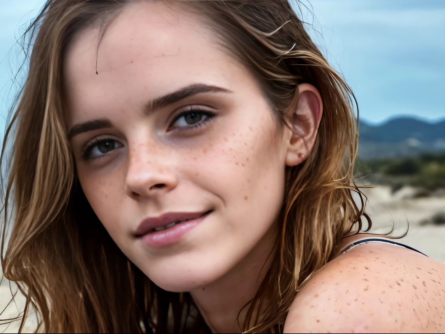 Photo of Emma Watson hot face , wet hair , slight smile, freckles face, she is smoking, seductive expression, sexy , hot, hot face, warm skin tone (hyper photorealistic, insanely detailed skin texture,freckles)
