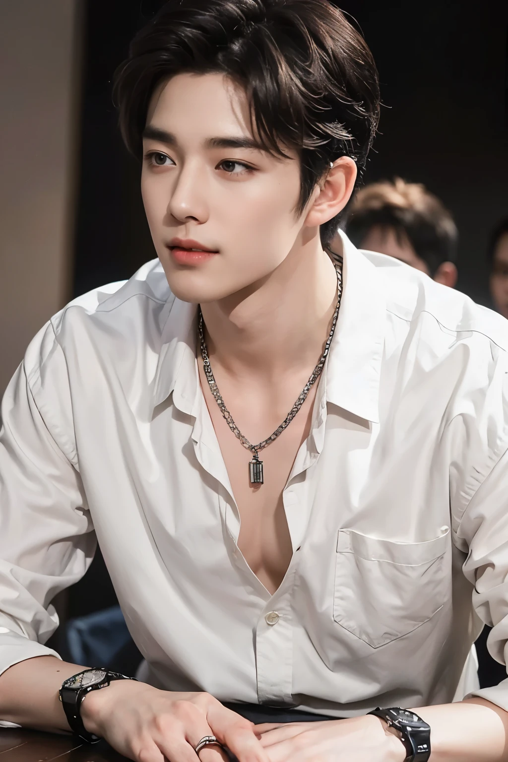 ((Best Quality, 8K, masterpiece: 1.3))、Cool People Korean man, People korean man, 20 year old man、Korean style hair、Strong face、Handsome nose、Detailed eyes and face、Beautiful lighting、(studio )、High Resolution、（visible to the viewer）、mouth detail、Thin Mouth、,Sorrisos、whole body: 1.5, perfect body figure: 1.picture of both shoulders:1.3, Wearing a White T-shirt and a casual Black suit: 1.5, Accessories: (men's necklaces, men's rings, men's watches)