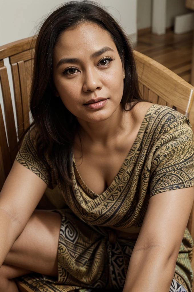 46 year old woman, typical Indonesian face,oval face,Big snub nose, rather thick lips,Slightly sharp chin, wide and large forehead,Eyes a bit wide, upper cheeks are slightly thick, wearing a bracket shirt, batik sarong, sitting on a chair,original image, hyperrealistic, very detailed image
(masterpiece), best quality, expressive eyes, perfect face