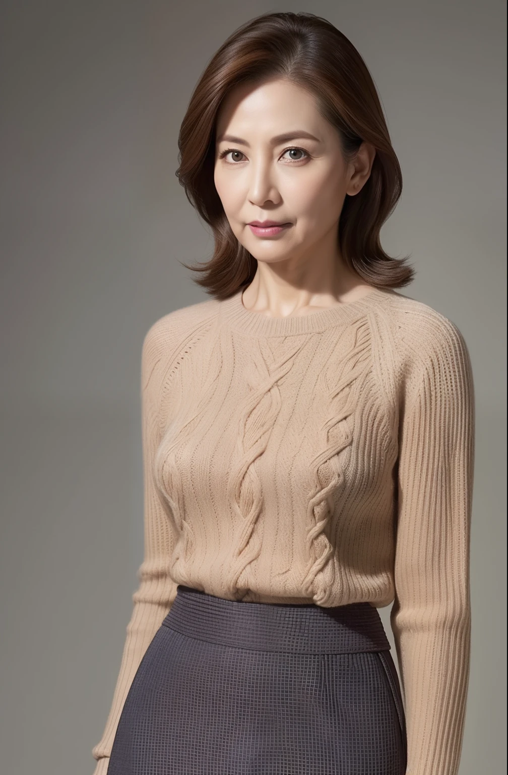 masuter piece, top-quality, ​masterpiece, hight resolution, Photorealsitic, Raw photography, 8k wallpaper, flawless, profetional lighting, ighly detailed, depth of fields,Pale solid color background, ((One beautiful woman)), ((90 years old)), Female sexy, Detailed face, beautidful eyes, bangss, small breasts of good shape, Light Brown Straight Hair, Faint lips, ((stand facing forward、Staring at the viewer&#39;serious face eyes.)),Sweaters, skirt by the, foot out of frame