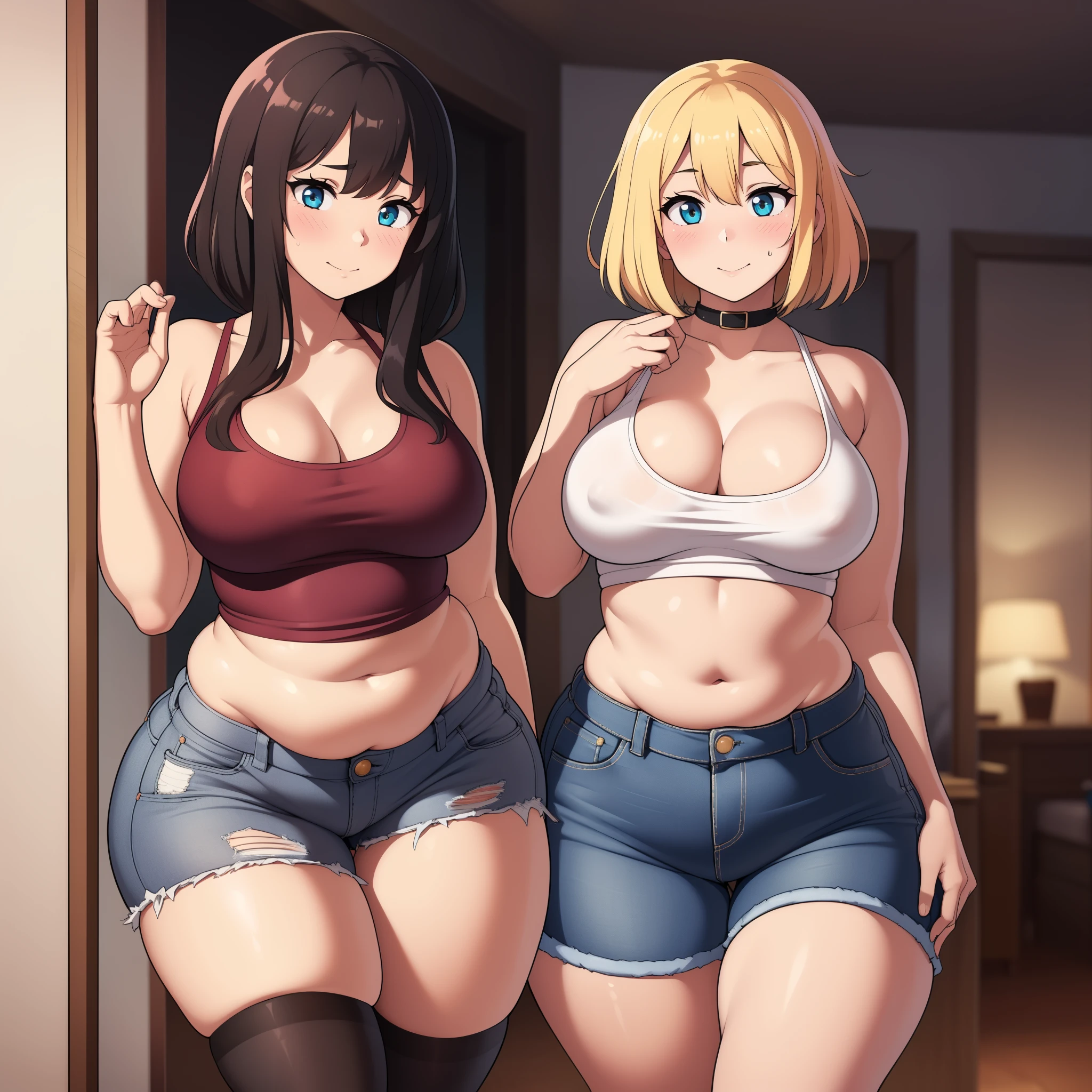 ((Masterpiece)), perfect anatomy, perfect shading, field of depth, (best quality), extremely delicate and beautiful, perfect lighting, detailed face, ultra cute face, cute, (cowboy shot 1.2), full body, (((2girls))), ((2 girls 1 and 2))
Girl 1: has long hair, fluffy hair, blonde hair, blue eyes, ((blush)), embarrassed, (crop top 1.2), (jean shorts 1.2), extremely tight clothes, medium breasts, cleavage, perky breasts, ((wide hips)), (thick thighs), ((chubby)), pudgy belly, fat rolls, belly hang,
Girl 2: has short hair, fluffy hair, brown hair, green eyes, ((blush)), seductive smile, (white tank top 1.2), (jeans 1.2), chocker, extremely tight clothes, medium breasts, cleavage, perky breasts, (((wide hips))), ((thick thigh)), big butt)), ((plump)), chubby belly, fat rolls, belly hang, she has a jiggly belly,
hotel room, standing at the door, intricate background, detailed background, girls are standing next to each other,