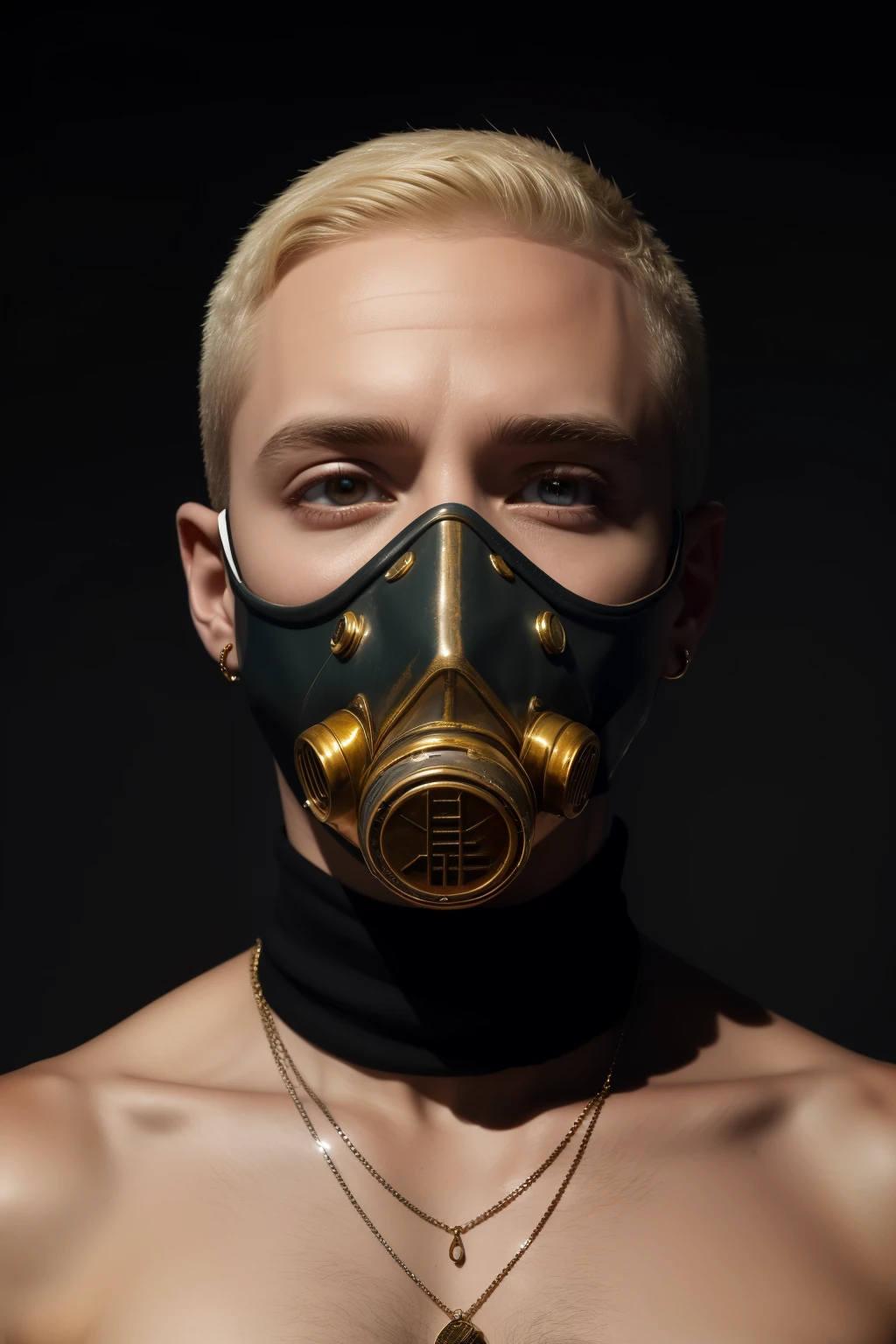 A striking and eerie portrait of Eminem, the legendary rapper, artist, and songwriter. In this surreal representation, he is adorned with a golden-redish gas mask, which contrasts starkly against his pale and gaunt face. His eyes, obscured by the gas mask's lenses, seem to peer out from beneath a furrowed brow. The gas mask hangs loosely around his neck, revealing his prominent Adam's apple and a small silver chain dangling between his collarbones., concept art, digital art, illustration, inspired by wlop style, 8k, fine details, sharp, very detailed, high resolution, masterpiece, natural beauty