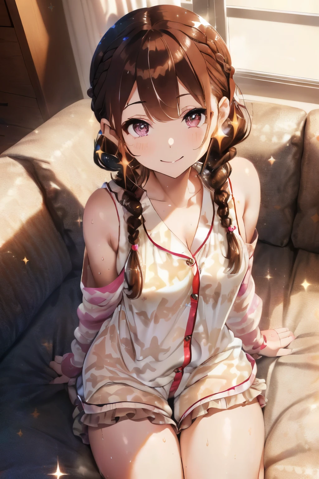 ((Brown hair)),((Braided shorthair)),(With bangs:1.25),(With black eyes),(sparkle in eyes:1.5),(Eye size:1.5),Slight red tide,(Pajama long sleeve cardigan clothes with lots of frills),(Hair band made of fluffy material),((All white, reddish,cream)),(Colorful, Cute pajamas with camouflage pattern),(Cute fluffy socks like a fairy tale),((Colorful and pop world view)),(((body shape is slender))),(Smiling smile),(close up of face),((Sleeveless Nightgown)),((Shorts made of soft and voluminous sweat material)),(room style),((Facial perspective)),(Sitting on the couch),(Panty Line),(nsfw:1.15),