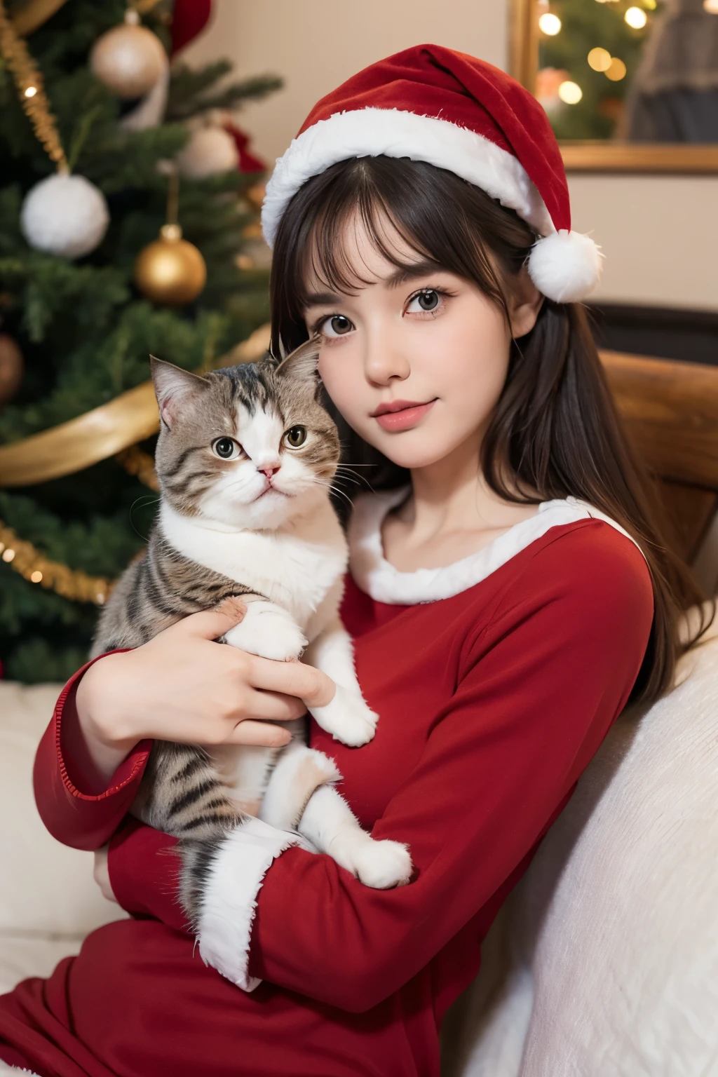 1 girl , 1 scottish fold cat, christmas tree.