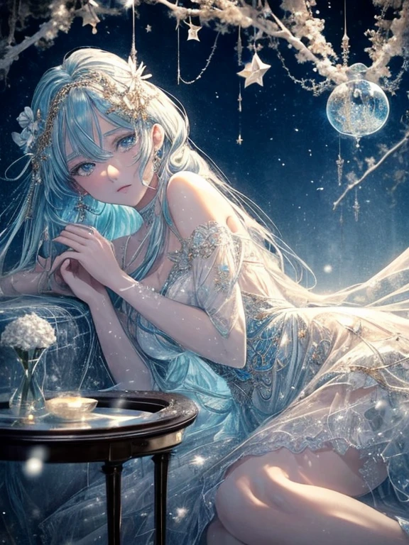 One girl, 独奏で, (((trapped in big krystal)))(trapped in krystal:1.7),((add eye details)), ((add face details)), krystal, Star, shine, beautiful night sky on background, Moon, Stars on background,Diamonds、たくさんのkrystalが付いたドレス, fantasy dress, A magical dress with a transparent chest, krystal製シースルー, lady with glowing flowers dress, intricate fantasy sheer dress, See-through rainbow color, translucent intricate gown, Translucent intricate costume design, translucent  dress, a stunning young ethereal figure, jeweled opal statue, fantasy transparent costume, Made of dried flowers、Glasswork、glass slipper with gold and white flowers, 気まぐれIntricate details, intricate and Elegant, beautiful detailed Elegant, Fairytale style, ultra Intricate details, Elegant. Highly detailed, complex and beautiful, golden Intricate details, Cinderella, side view Intricate details, Complex gold elements, Intricate details, Complex and detailed, super complex details、There is a sofa and table in a room with blue curtains, anime aesthetic, Anime Background, dreamy and detailed, anime beautiful peace scene, Anime Background art, beautiful anime scene, very magical and dreamy, blue and white tones, Relaxing environment, Ethereal dreamy theme, dreamy aesthetic, Anime that won the Aesthetic Award, relaxing concept art, blue themed, quiet and serene atmosphere、A charming, Sheer,The  is visible、large boob、sexy-S 100, seductive lingerie camisole、a close up of a woman's underwear with a Bra and panties, bright blue shiny lingerie, lingerie, lingeries beauty, Sheer underwear, laced lingerie, lingerie!!, Bra, wearing sexy lingerie, Bralette, captivating and enticing, harnesses and garters, lingeries, so sexy、Full-body image、The whole body is visible、frombelow、underfoot、Foot first、From head to toe、Toostock、lying back on、on the beds、Sleep in bed、sprawl、Melody Mark,top-quality、masutepiece、1womanl、独奏、(abstract  art:1.4),(Psychedelia Theme:1.6),(Gunjo World:1.5),(Snow World:1.5),(Winter World:1.5),(At the center of the world is the most beautiful woman in the world),(many stars are falling:1.3),A ray of light spreads,Crystals spreading from the center,prisma(Nostalgic landscapes:1.5),(colorful flower:1.3),Garden Girl,gentle sunlight,Soft breeze,Delicate flowers,A rainbow-colored butterfly flaps its wings,Mesmerizing natural beauty,Fragments of Shining Stars, krystal,