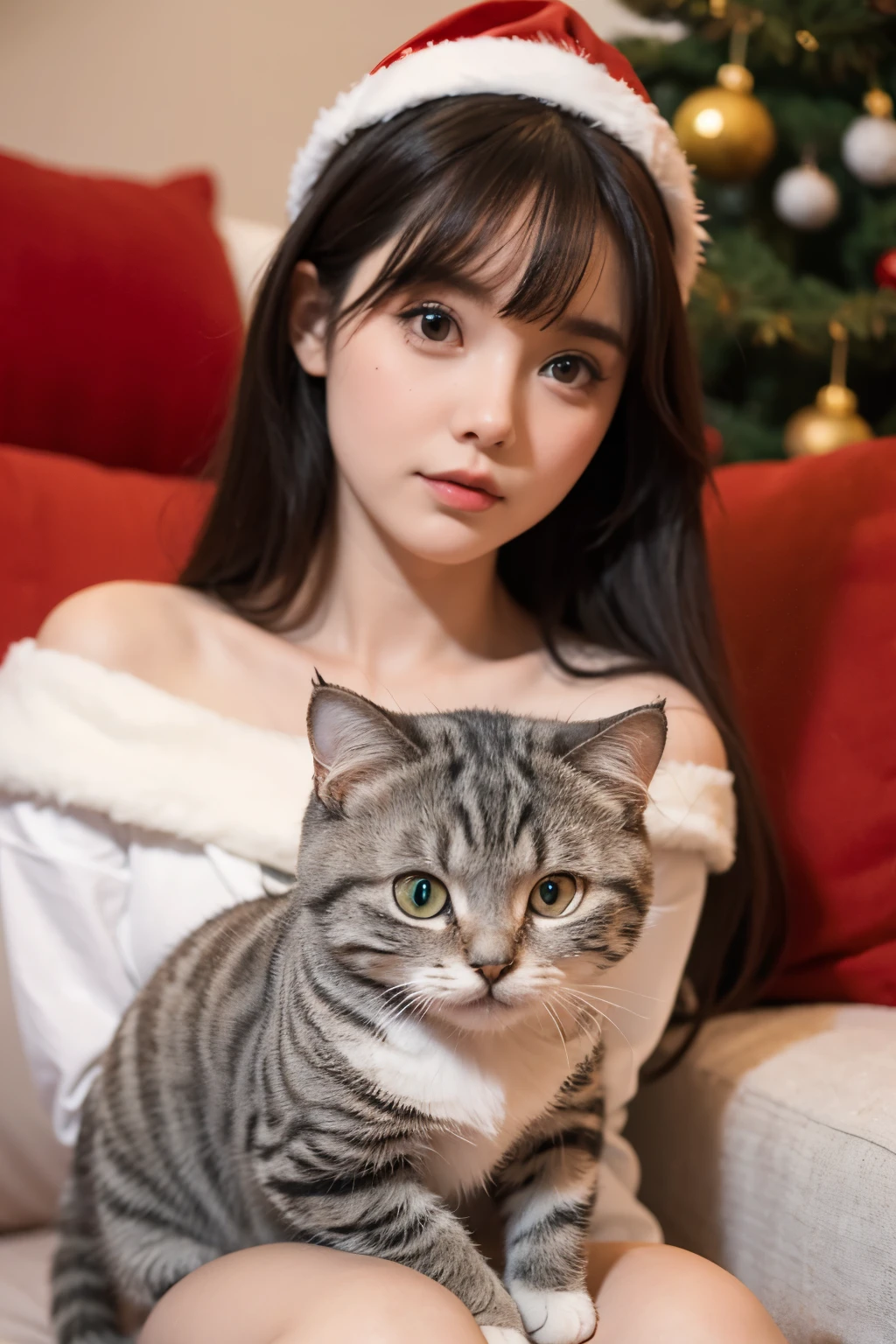 1 girl , 1 scottish fold cat, christmas tree.