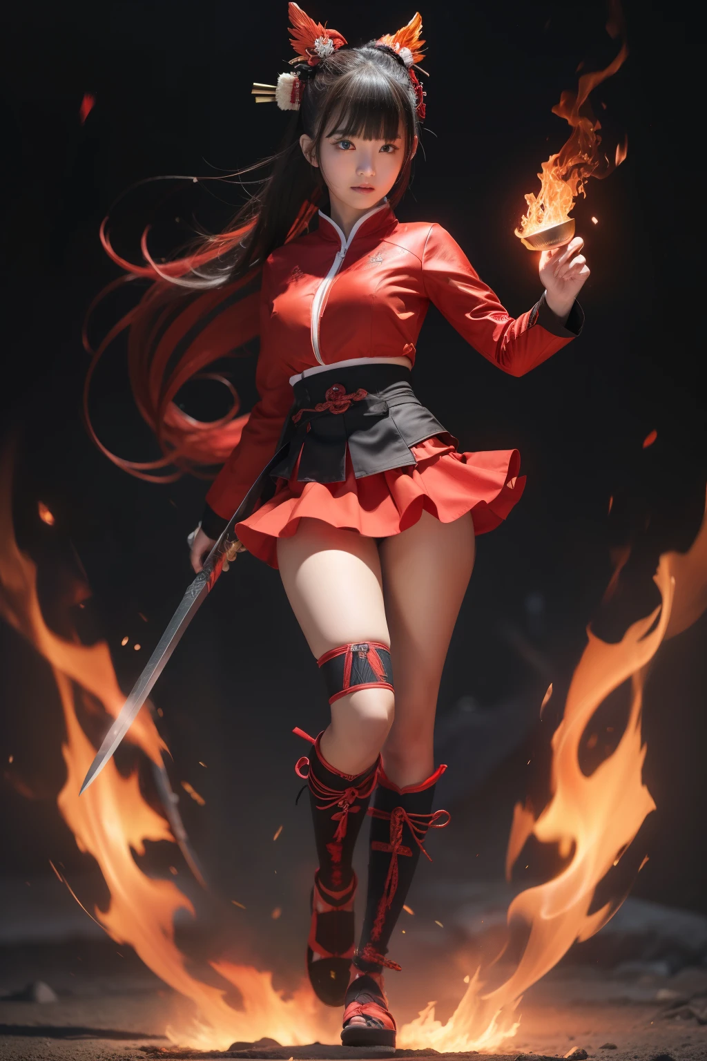 Fantastic flame samurai girl、full body Esbian、、Crimson ninja suit(Tight mini skirt)、、、、Idol face、ignite the sword