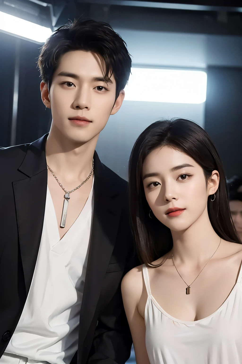 ((Best Quality, 8K, masterpiece: 1.3))、(Cool Korean man and hot girl Korean beutifull), Couple Man and girl, 20 year old man and girl、Korean style hair、Strong face、Handsome nose、Detailed eyes and face、Beautiful lighting、(studio )、High Resolution、（visible to the viewer）、mouth detail、Thin Mouth、,Sorrisos、whole body: 1.5, perfect body figure: 1.picture of both shoulders:1.3, Wearing a White T-shirt and a casual Black suit: 1.5, Accessories: (men's necklaces, men's rings, men's watches)