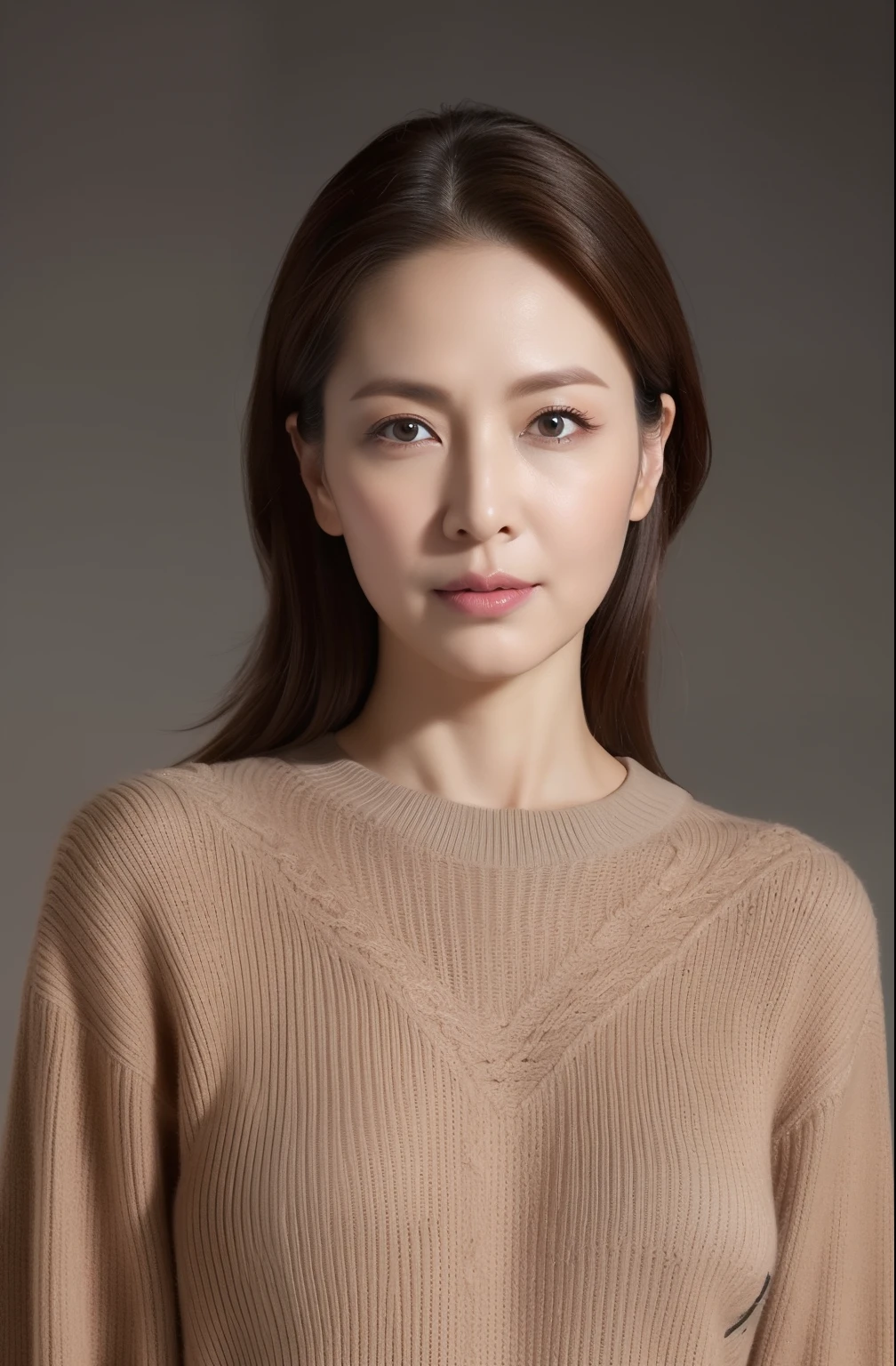 hight resolution, high-level image quality, high detailing, ​masterpiece, Textured skin, tre anatomically correct, sharp, greybackground((japanese mature, 40 years)), 独奏, ((Wrinkles on the face)), large breasts with good shape, Straight light brown hair that reaches to the shoulders, chubby figure (((Stand upright, facing the center of the screen.))), Close your mouth and look straight ahead with a serious face, Sweaters, skirt by the, ((cowboy  shot)),