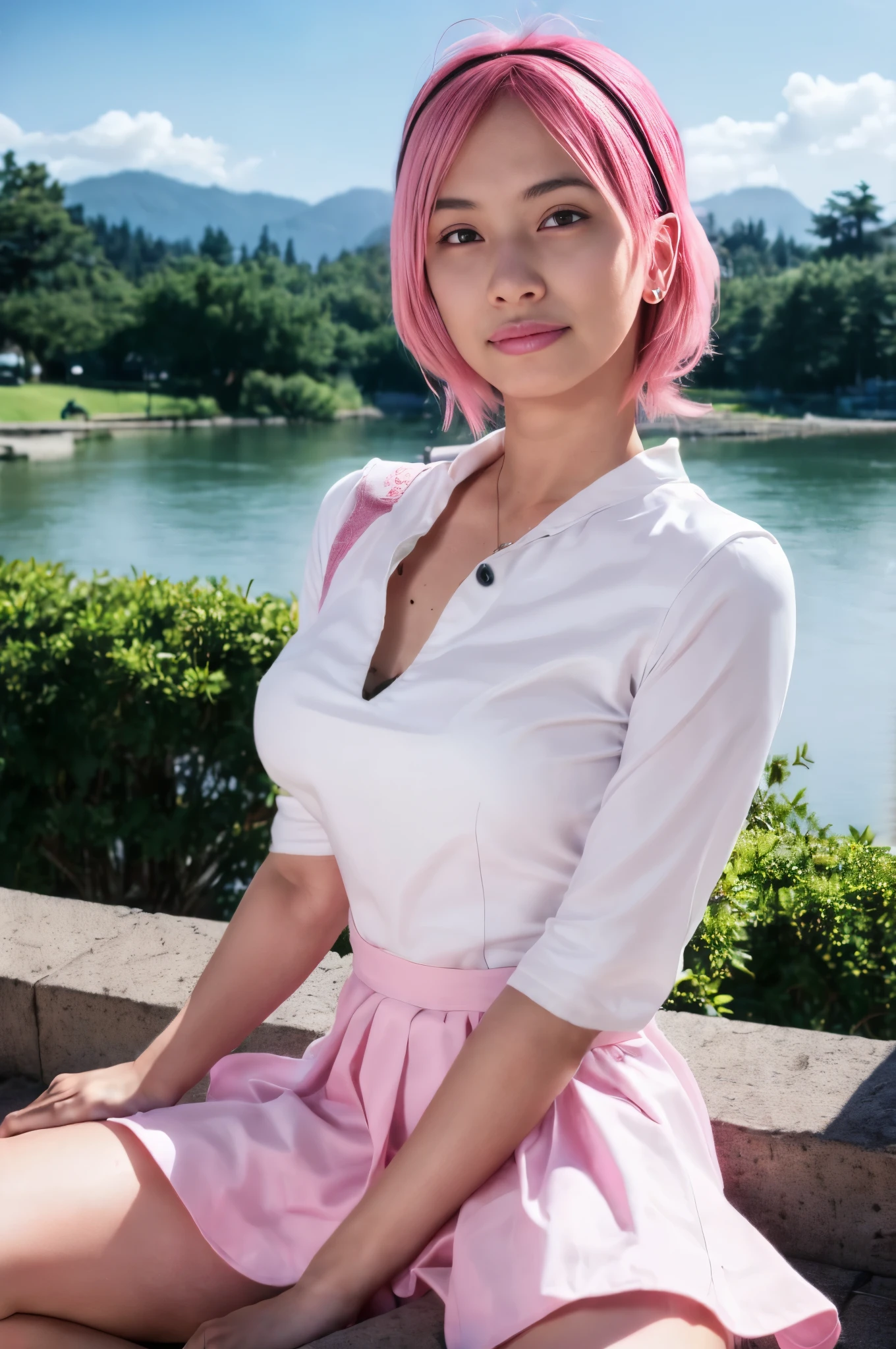 ((midynight, need, 8K, tmasterpiece:1.3)),legs long, focal:1.2, Beautiful woman with figure:1.4, Slim abs:1.1, whitet-shirt衫,Short hair details，White headphone headwear，((with pink hair)), (whitet-shirt, a pink and white dress,short  skirt，sitting in the couch), 《A piece of》Vinsmoke Zero-Nine，((Countryside night view, the roof:1.Woman with dark hair，Brown eyes，Highly Detailed Face and Skin Textur, 詳細な目, 二重まぶた，heroines 👀 :8，Japan goddess, The skin is wet and shiny!!,photorealistic perfect body