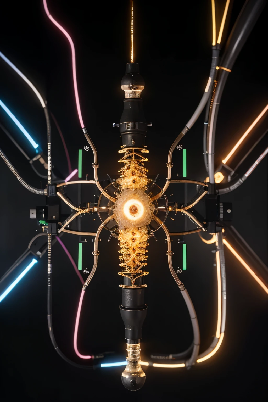 fond holographique avec des brins d'ADN lumineux s'entrelaçant avec des motifs de circuits électroniques. Des symboles représentant la bio-ingénierie et l'intelligence artificielle pourraient flotter au-dessus, évoquant un avenir où la fusion entre la biologie et la technologie redéfinit les limites de la science.