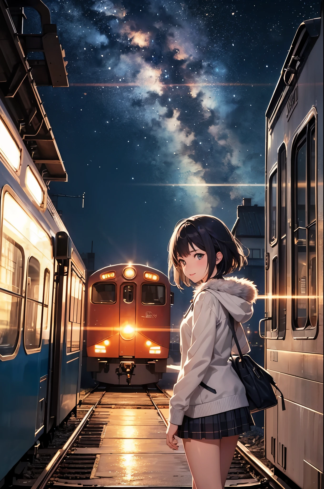 high high quality， tmasterpiece ，1 rapariga,ssmile，(The shirt:1.5),(Wear a miniskirt:1.2),fur trim hooded long coat，scenecy，Cartoon train passing through body of water on rails， Sparkling starry sky，train tracks，pixiv，concept-art，lofi art风格，Reflective Xin Haicheng, lofi art, beautiful anime scenes, 动漫scenecy, 详细scenecy，Makoto Shinkai's style，Detail Enhancement，8k，Award-winning works，